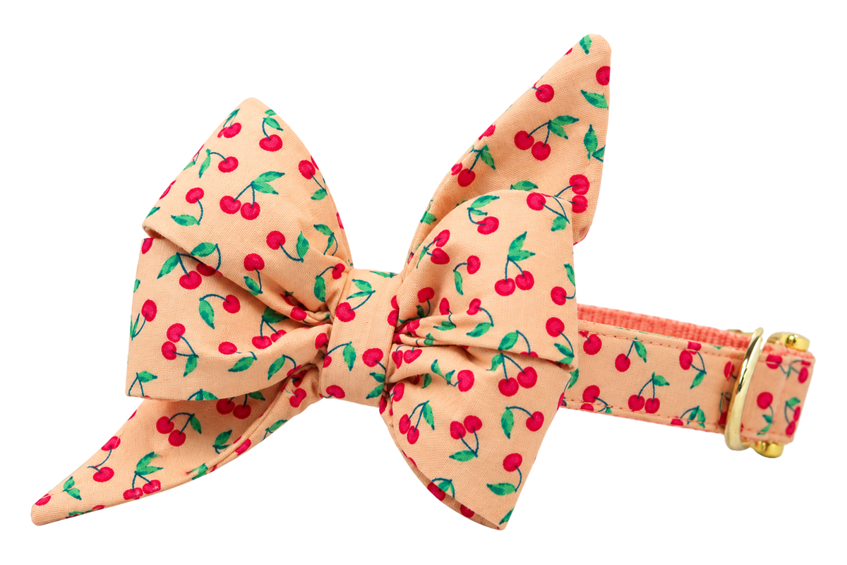 Dog collar featuring a large belle bow in Very Cherry fabric, a peach fabric with small red cherries and green leaves, attached to a matching Very Cherry collar with a nylon inner lining and gleaming gold hardware, including a D-ring and buckle.