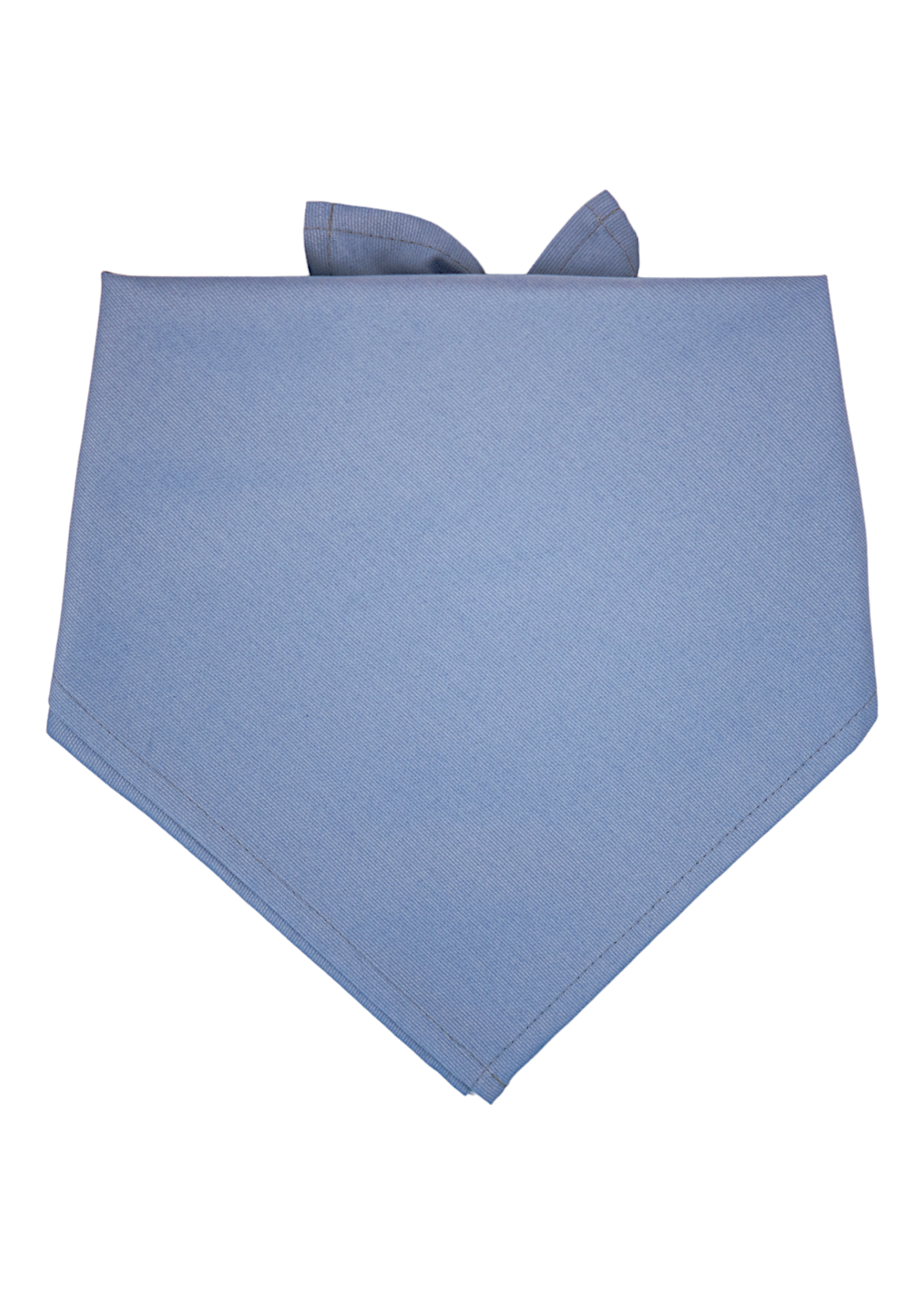 A classic dog bandana in a muted slate blue color, made from soft cotton fabric. The edges are neatly stitched with subtle topstitching, and the bandana is folded and tied at the back, forming two small fabric points peeking over the top. The design offers a timeless, clean look suitable for everyday wear or special occasions.
