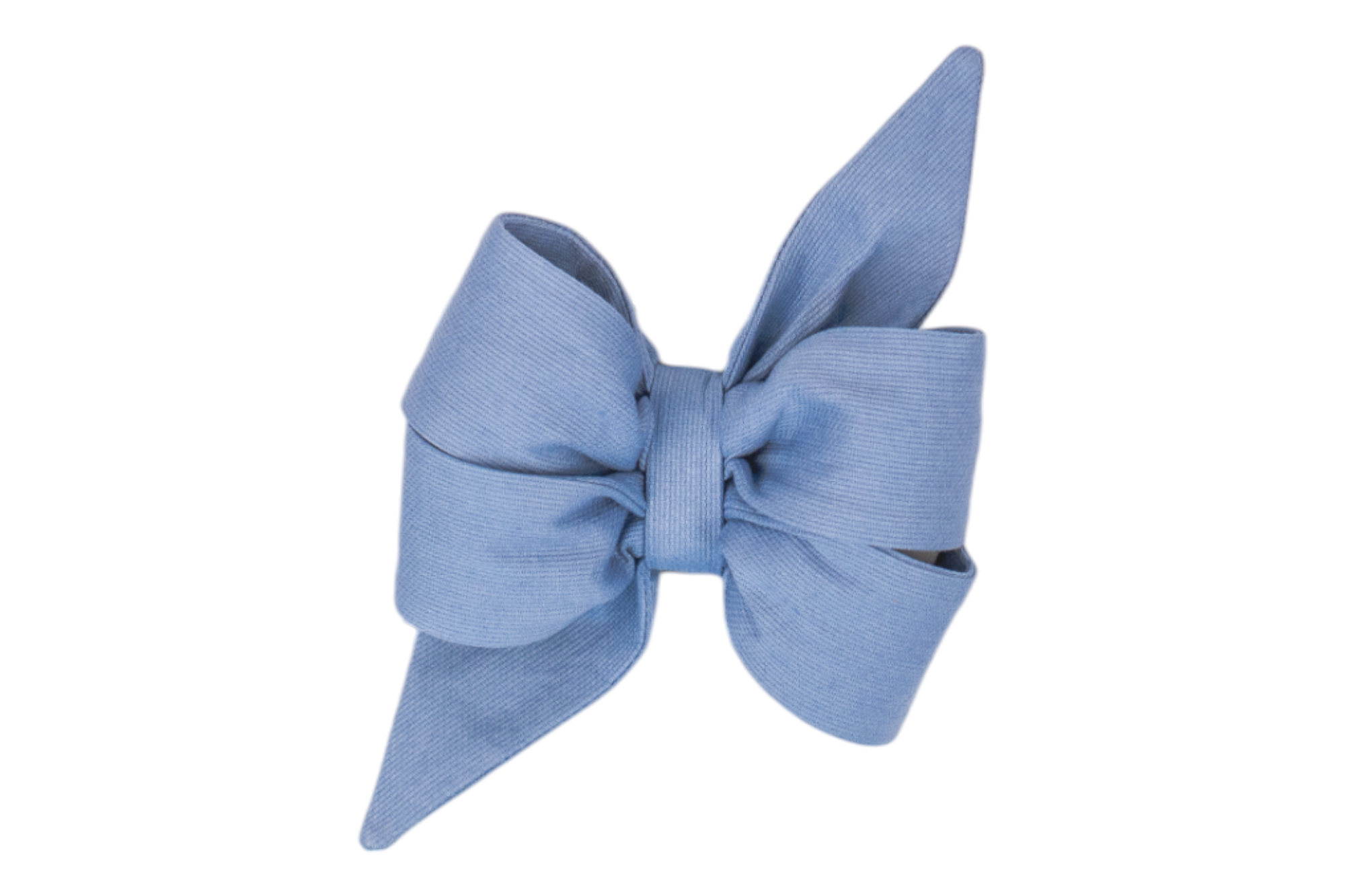 A stylish, feminine dog belle bow in slate blue. The belle bow features large, voluminous loops and dramatically tapered tails that curve slightly outward. The fabric has a fine ribbed texture that adds subtle dimension and elegance. Designed for attaching to a collar or harness, this accessory blends refined charm with everyday wearability.