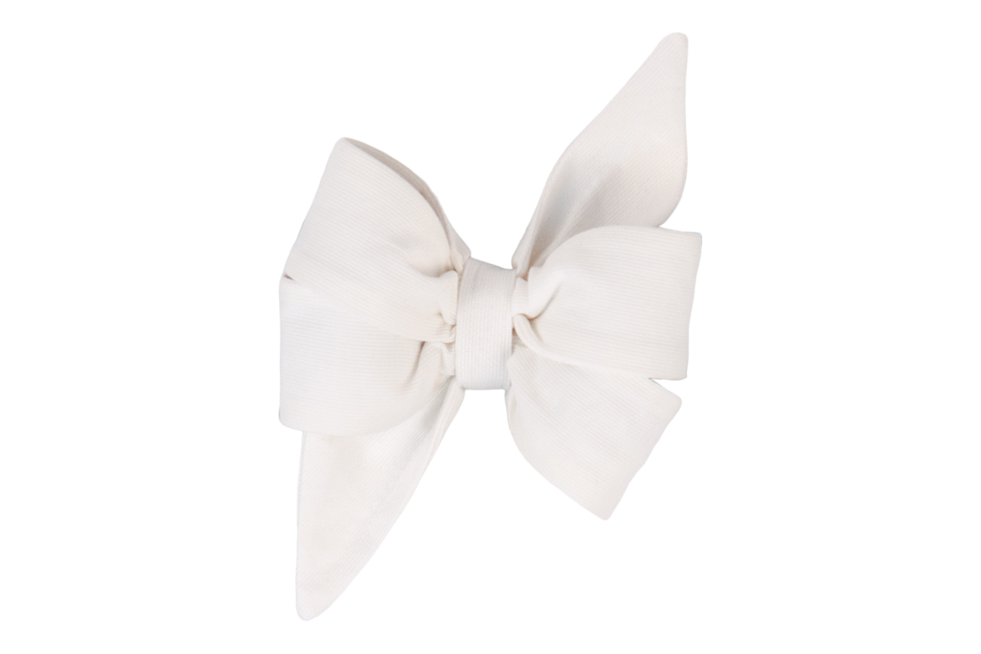 An elegant white feminine belle bow with large, structured loops and dramatic pointed tails, displayed against a white background. Perfect for your dog to wear to any celebration!