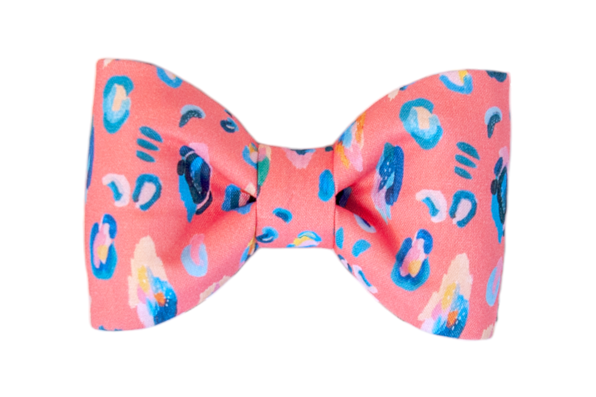 A bold dog bow tie in coral pink with vibrant leopard spots — a dapper accessory for pups who love to stand out.