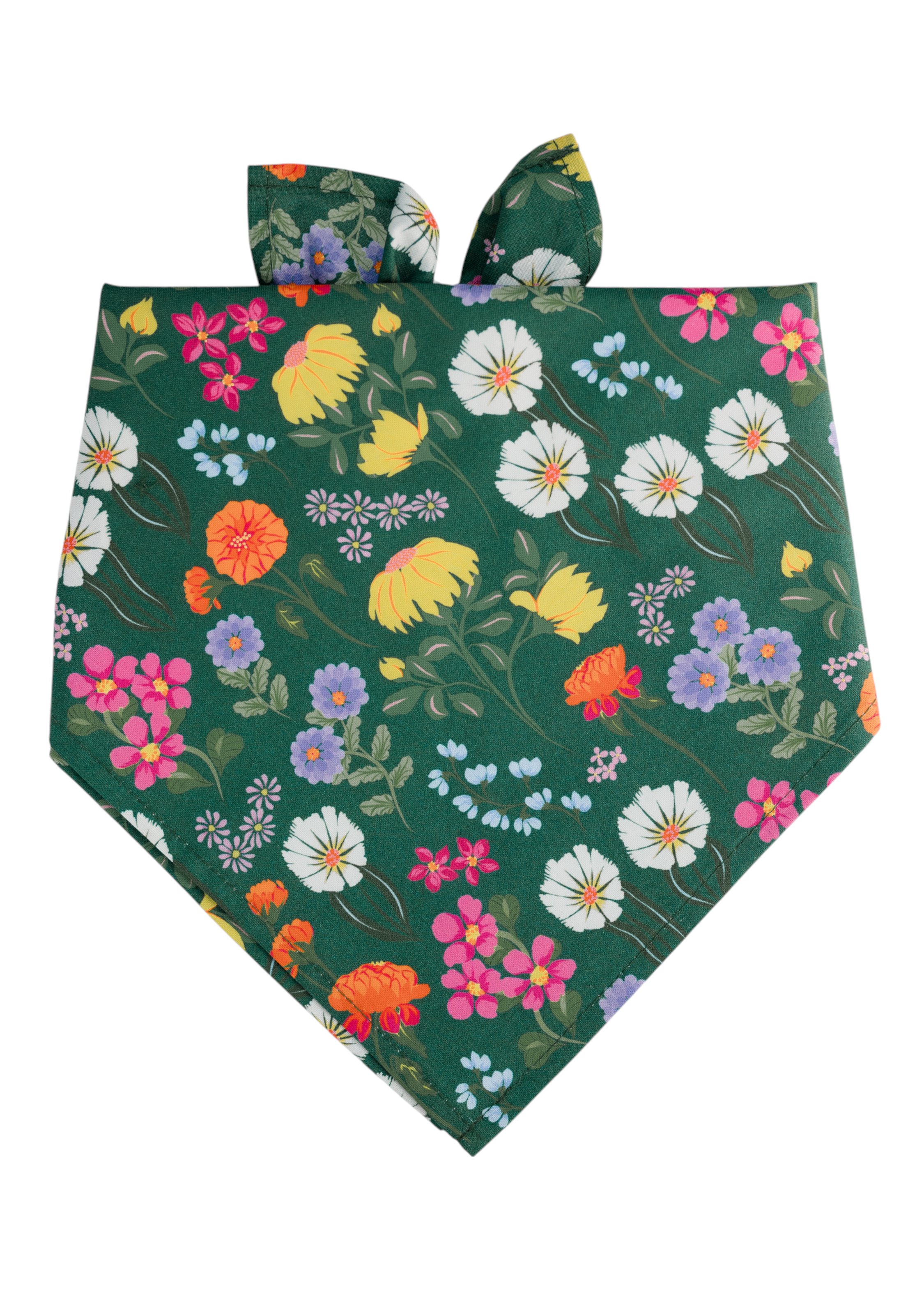 Floral bandana with a rich forest green background, covered in a variety of colorful flowers including daisies, marigolds, and violets. The fabric is knotted at the top into two upright bunny-ear shapes.