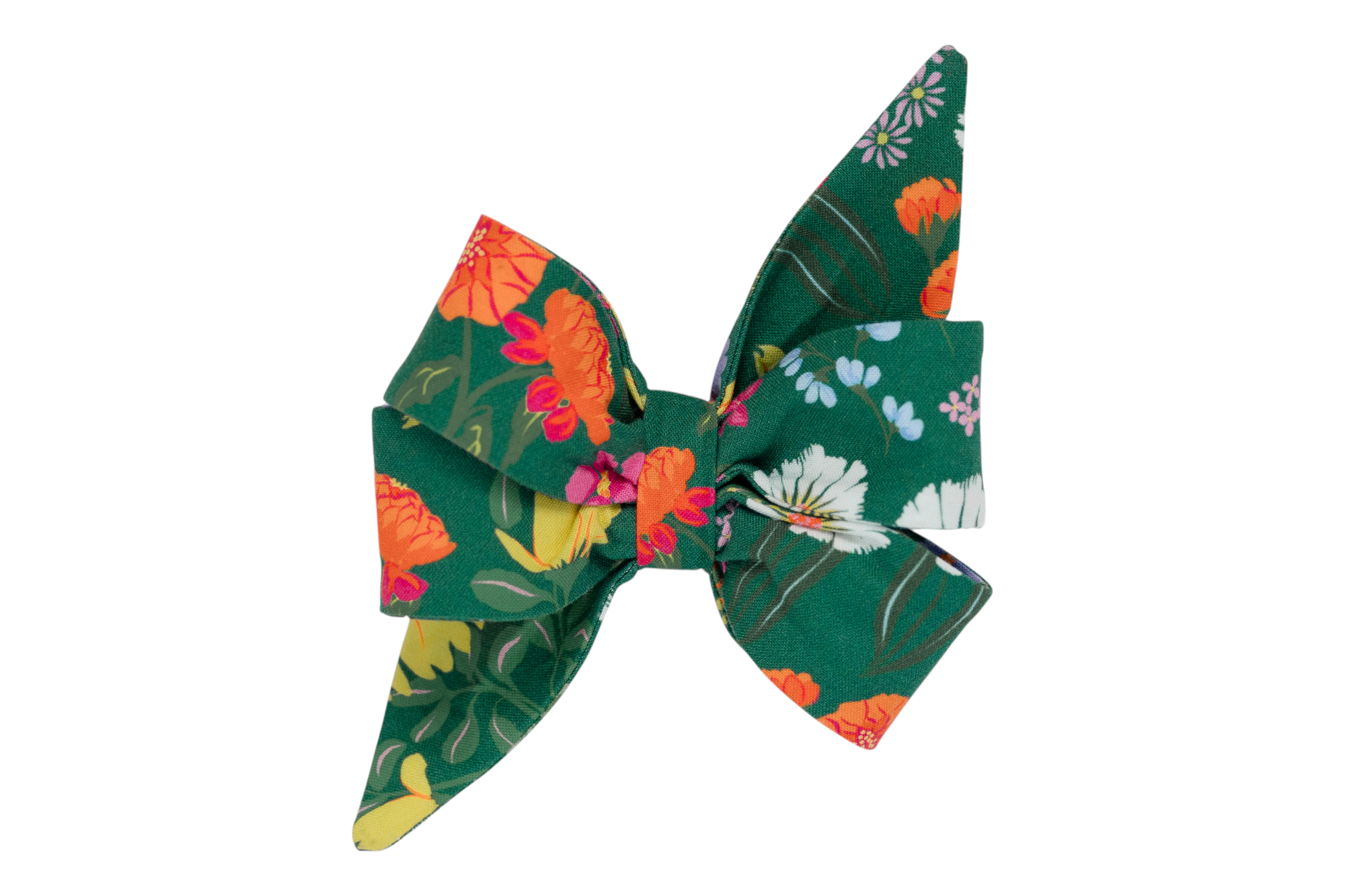 A handmade girl dog belle bow with a rich green backdrop, beautifully adorned with vibrant wildflowers in yellow, purple, pink, and white.