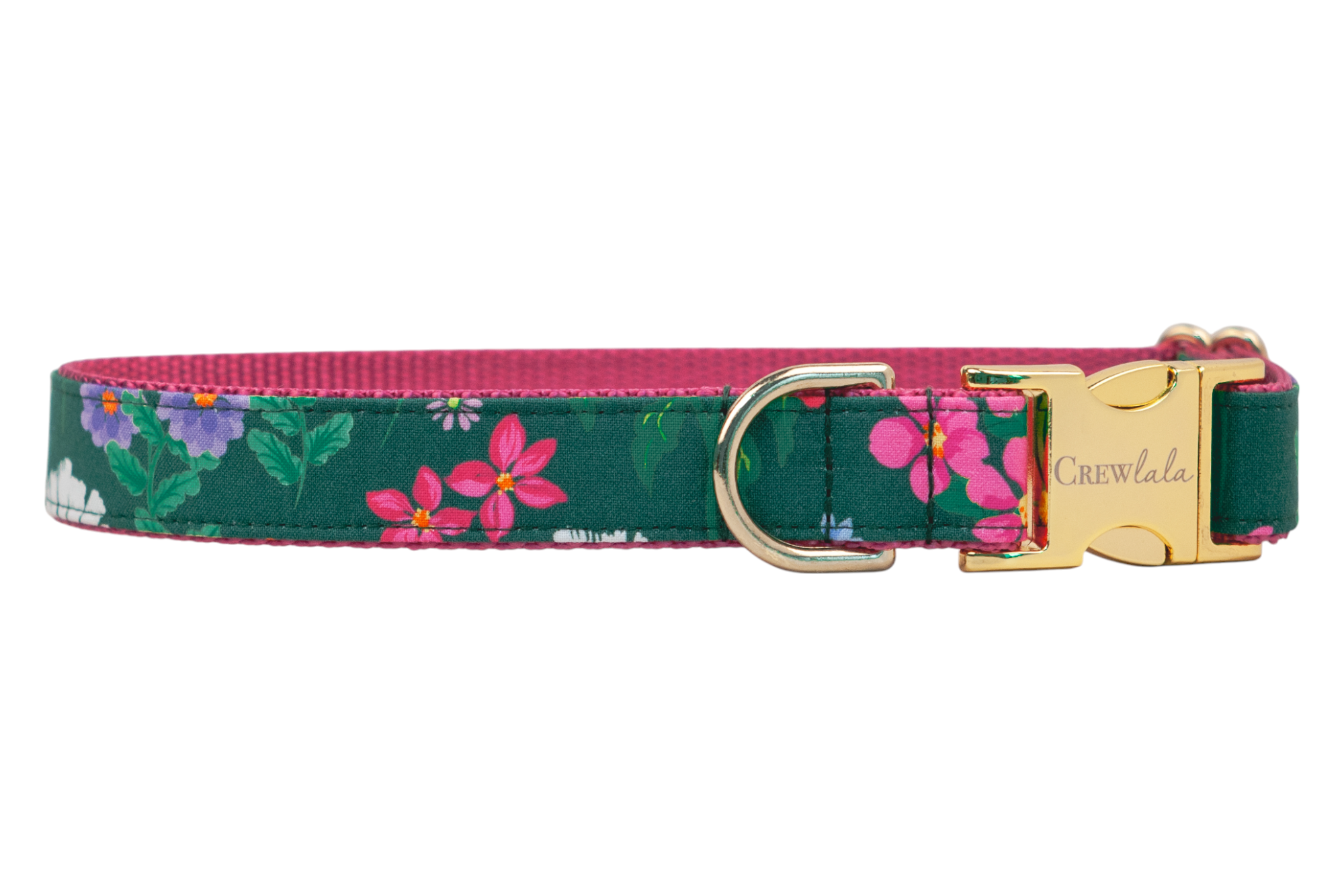 Floral dog collar with a dark green background and a colorful pattern of flowers and leaves. Lined with nylon woven fabric and fitted with a shiny buckle and D-ring.