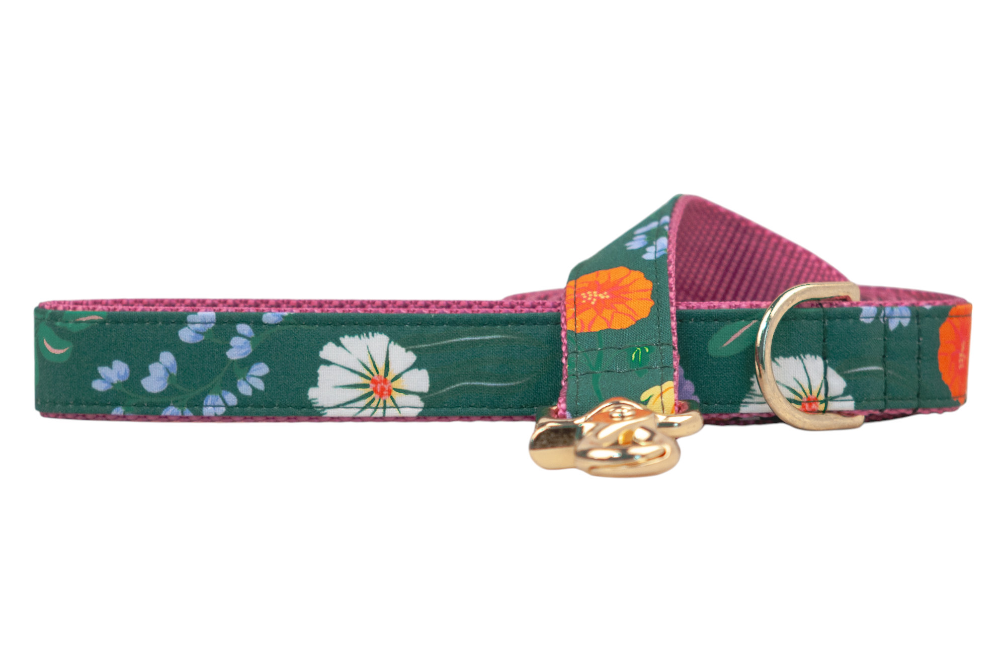 A colorful dog leash with a dark green background and a bold floral pattern. It has nylon webbing underside and a polished metal clasp and D-ring for attaching to a collar.