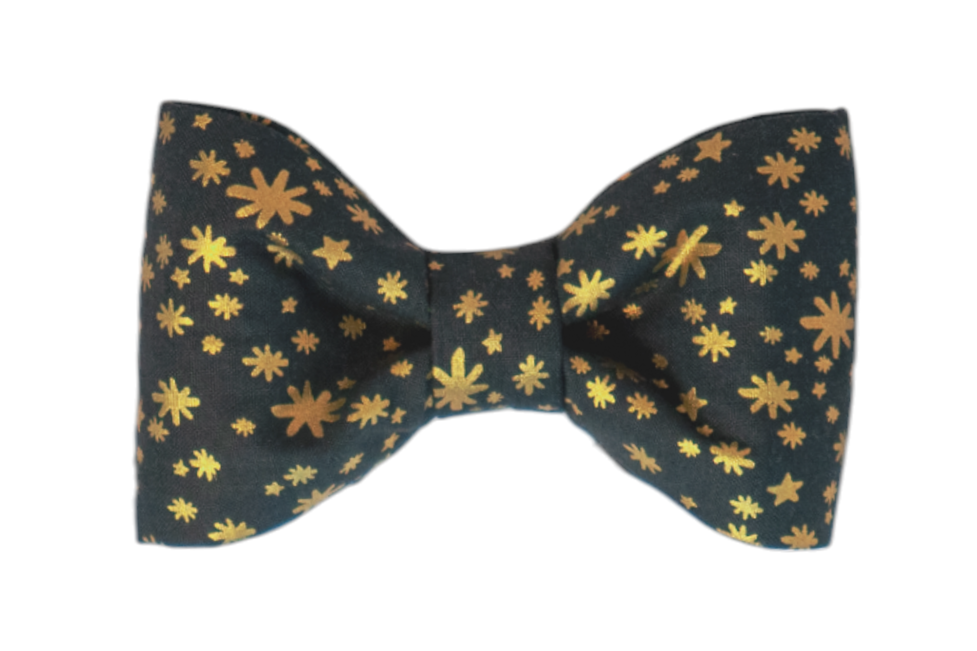 Festive dog bow tie in a deep green hue, adorned with a dense scatter of shiny stars and stylized starbursts across the entire surface. The print includes both small twinkling dots and larger, radiating star shapes, giving the accessory a rich, celebratory feel. Perfect for Christmas or New Year festivities.
