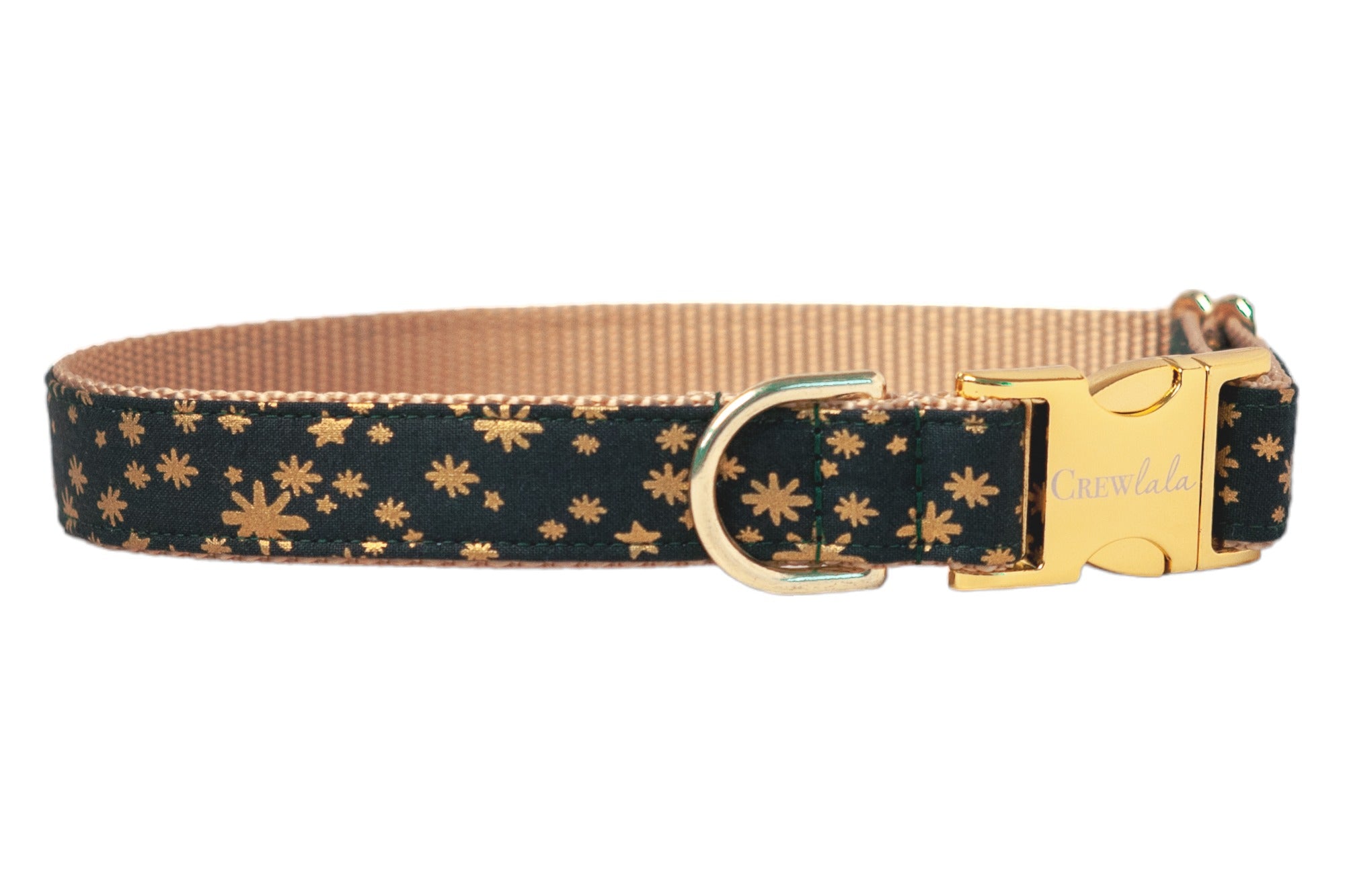 Dark green holiday dog collar featuring a metallic star and starburst pattern across the fabric, paired with a sturdy woven underside. The collar is equipped with polished metal hardware, including a D-ring and a side-release buckle engraved with the brand name "Crew Lala."
