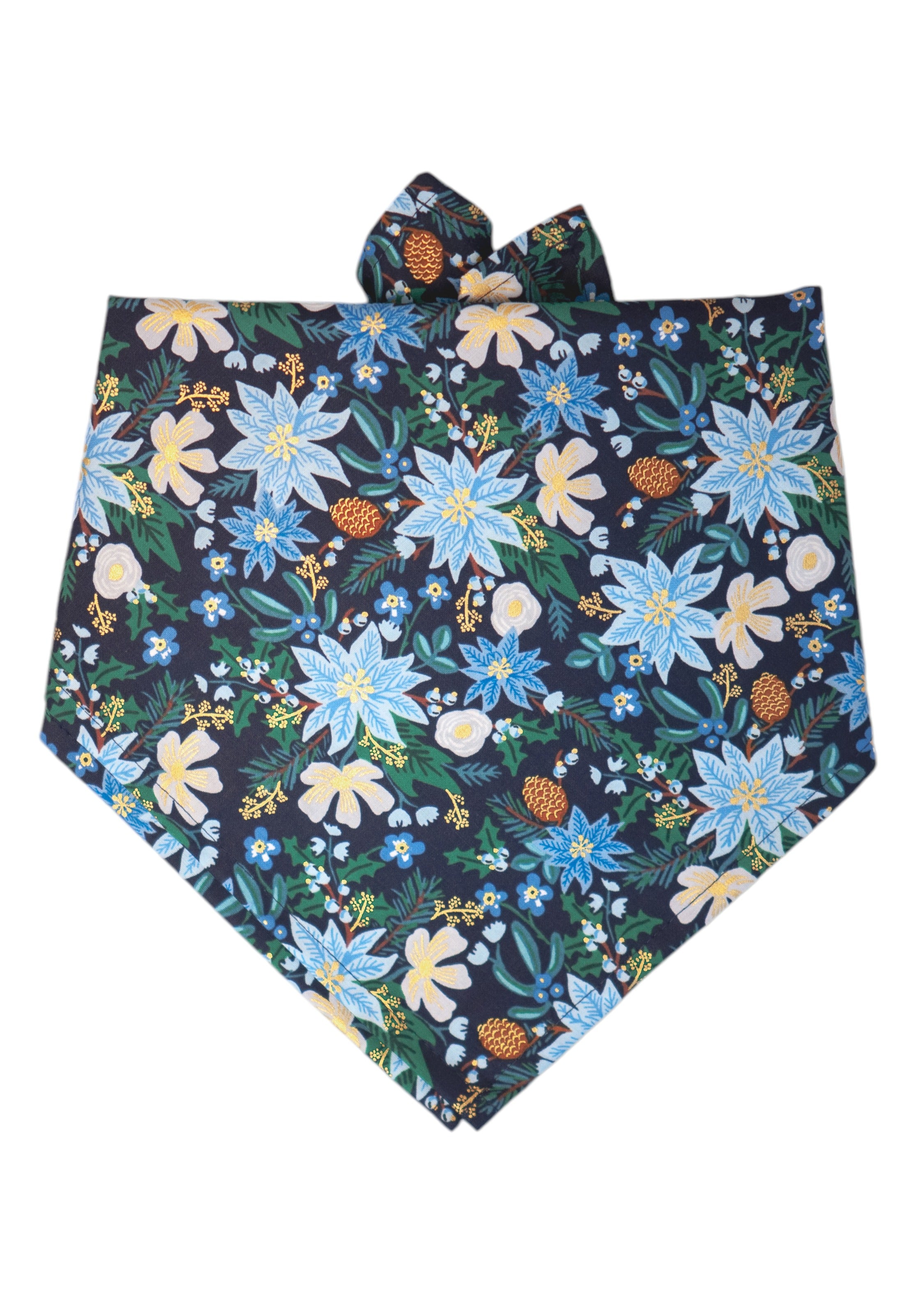 A winter-themed dog bandana featuring a dark navy blue background with an all-over print of icy blue poinsettias, pale flowers, blossoms, pinecones, fir branches, and delicate metallic accents for a festive holiday look.