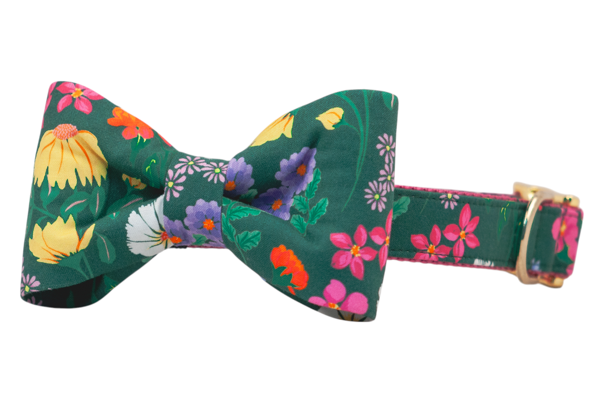 A fabric dog collar with a green floral wildflower print and a matching bow tie attached.