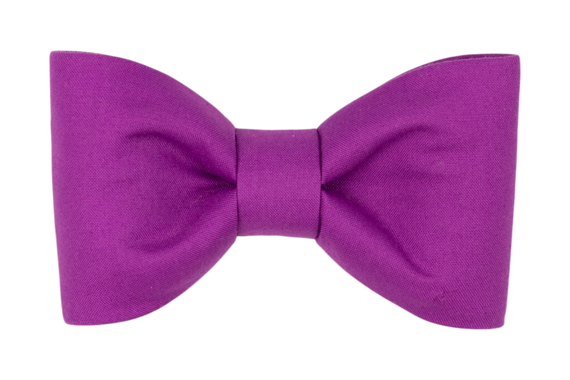 A neatly structured deep purple dog bow tie made from smooth, solid-colored fabric. The bow features symmetrical loops with gentle folds, a cinched center band, and no tails.