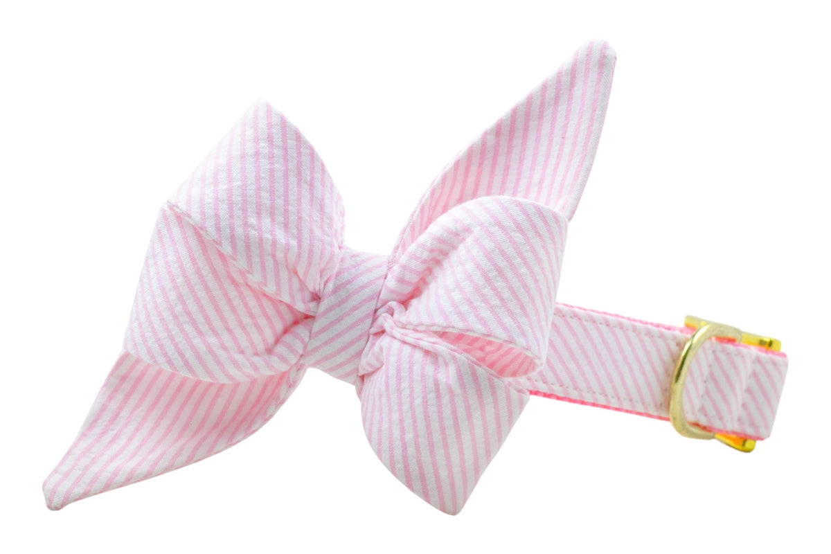 Light Pink Seersucker Belle Bow Dog Collar - Crew LaLa