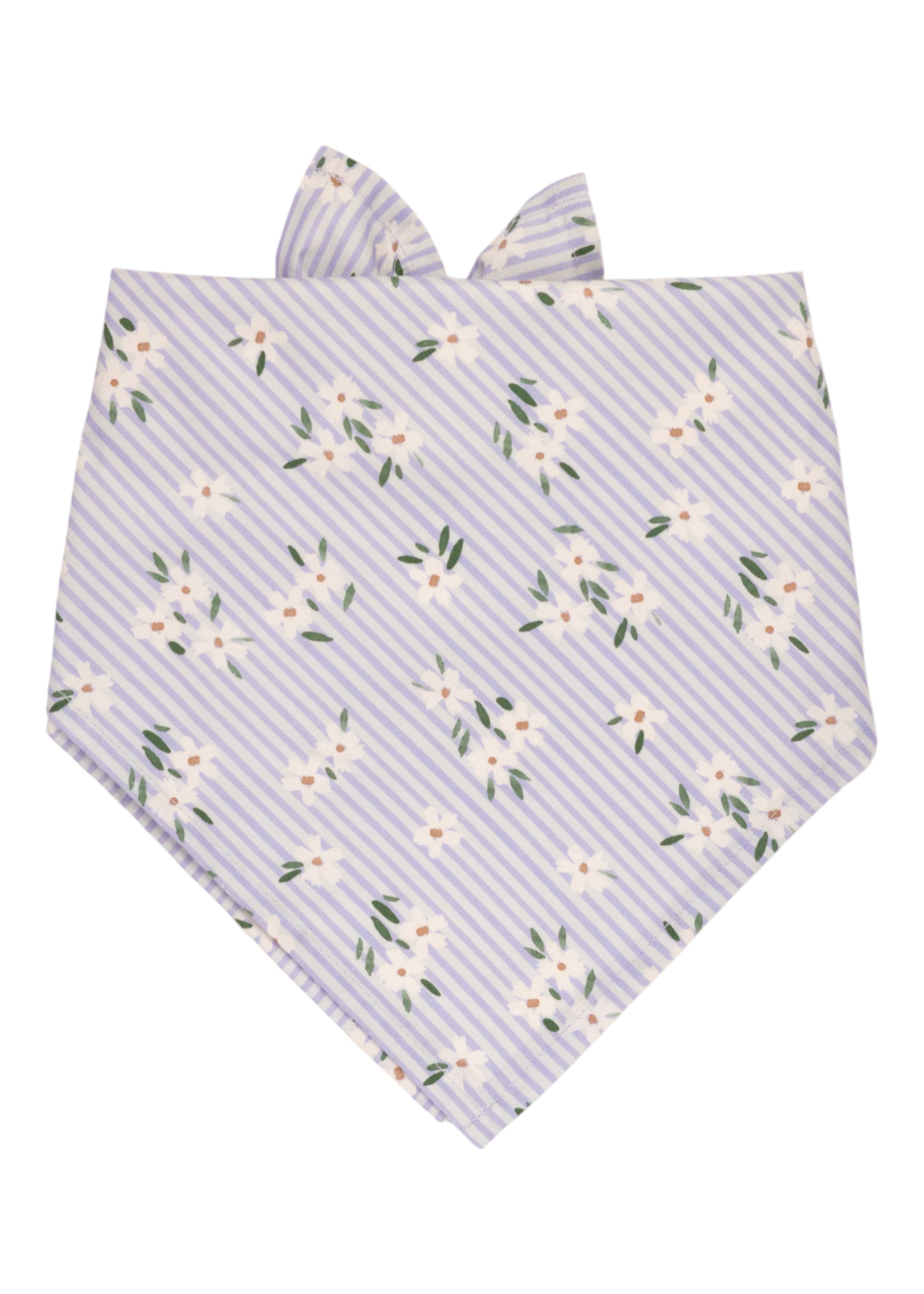 Striped dog bandana in soft blue and white stripes, decorated with scattered floral clusters of white daisies and green foliage.