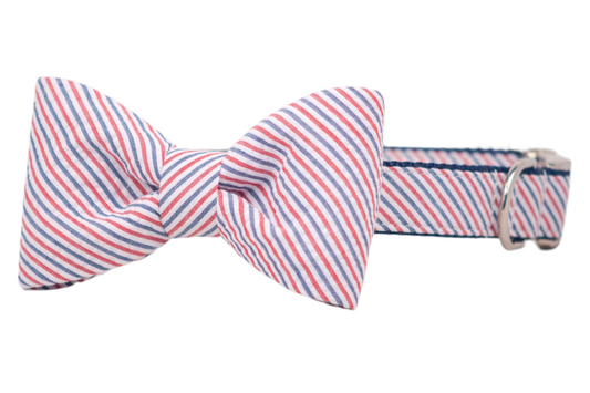 Americana Red & Blue Seersucker Bow Tie Dog Collar - Crew LaLa