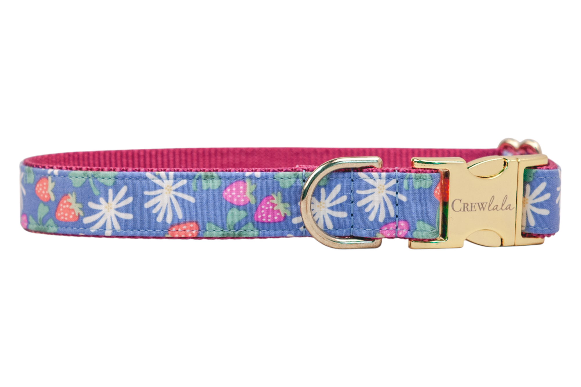 A dog collar with a periwinkle blue fabric exterior printed with bright strawberries, white daisies, and green clover leaves. The collar has a fuchsia pink woven interior and gold-tone hardware, including a D-ring and a side-release buckle engraved with the name “Crewlala.”