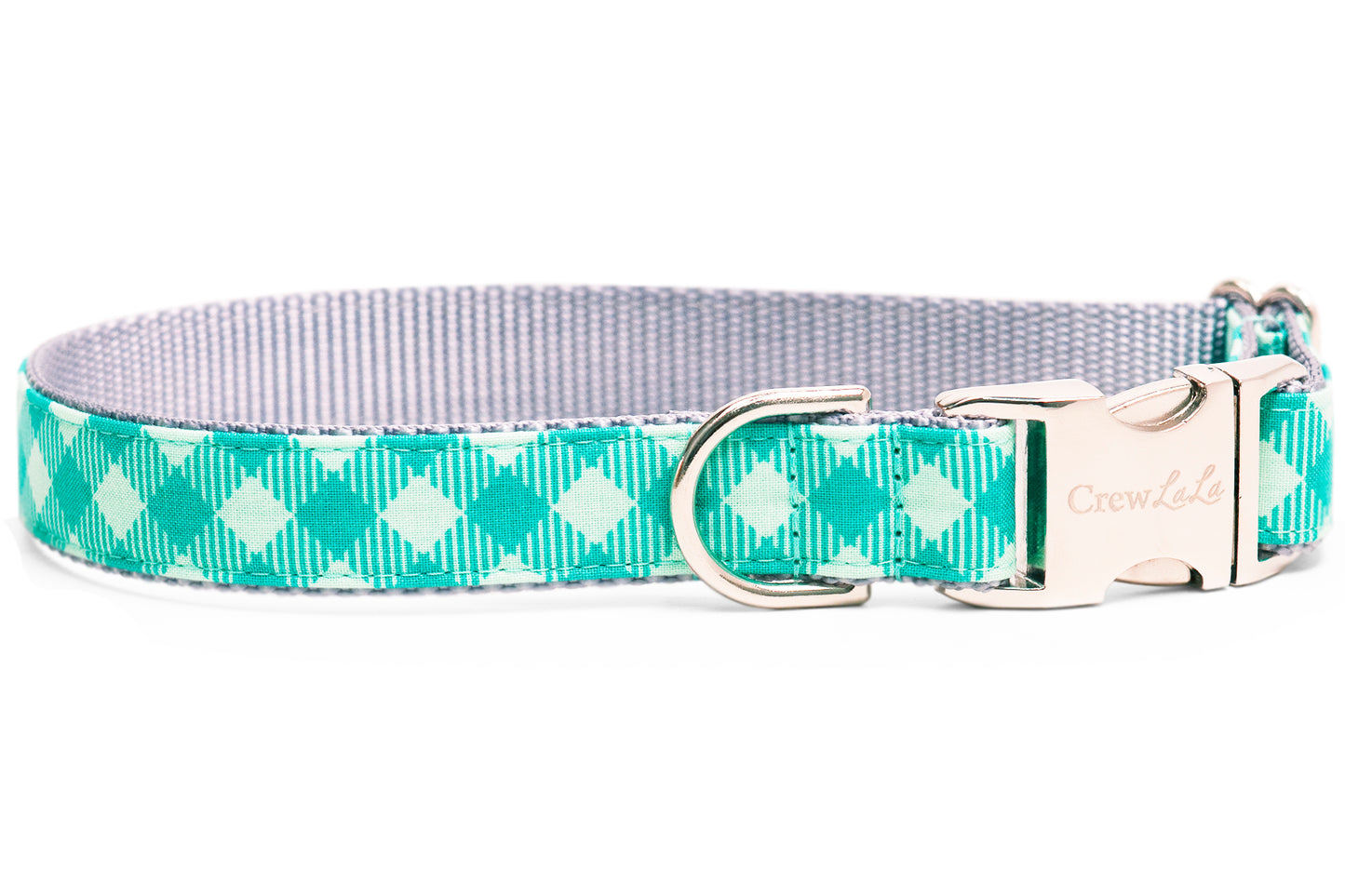 Dog collar in soft and vibrant greens plaid design, showing a checkered pattern with vertical pinstripes. The collar is finished with a metal D-ring and an engraved buckle.
