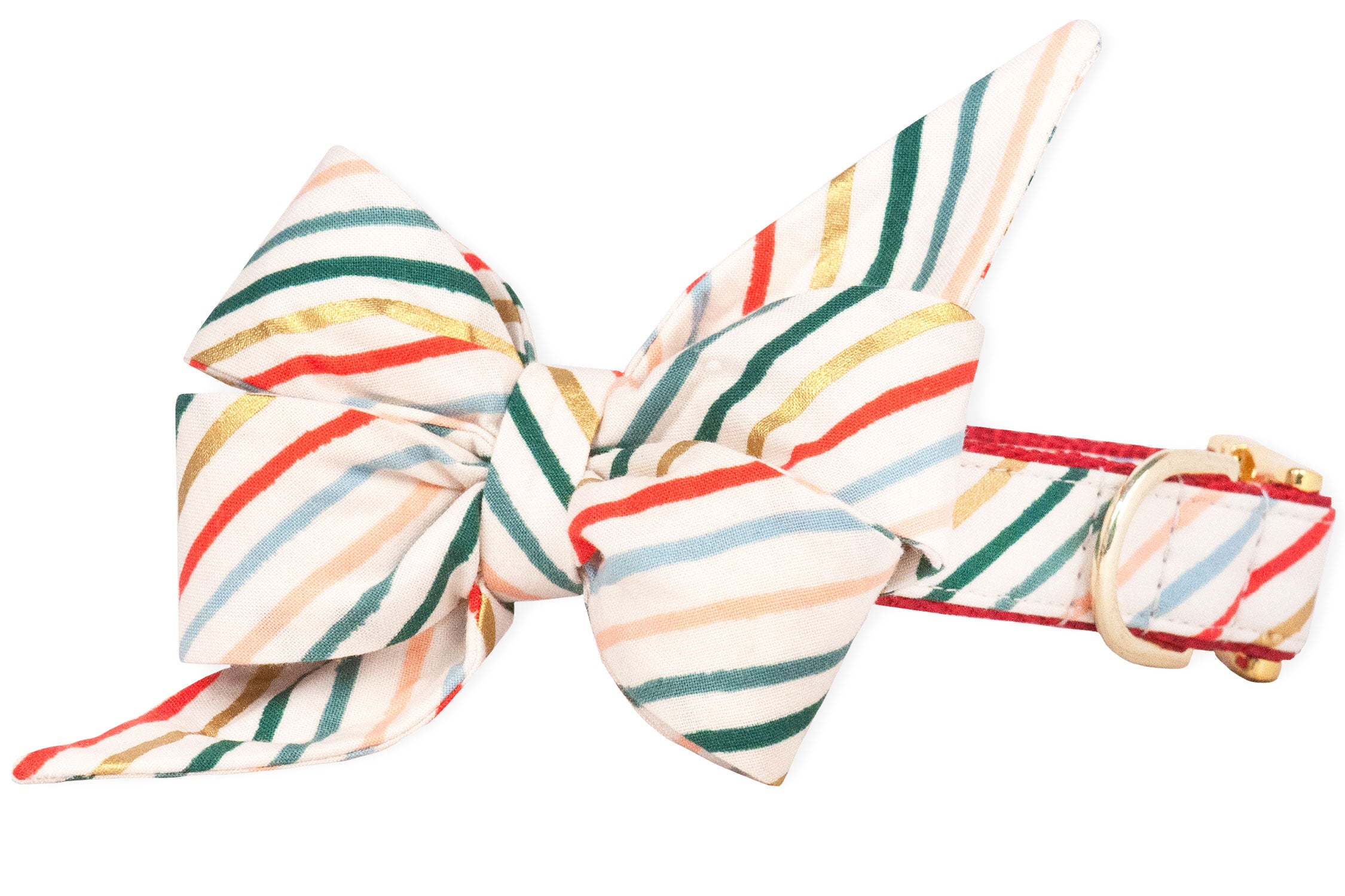 Festive dog collar showcasing an oversized feminine belle bow. The cream background is patterned with diagonal stripes in emerald, crimson, metallic gold, light blue, and blush, attached to a collar with red edging and gold hardware.