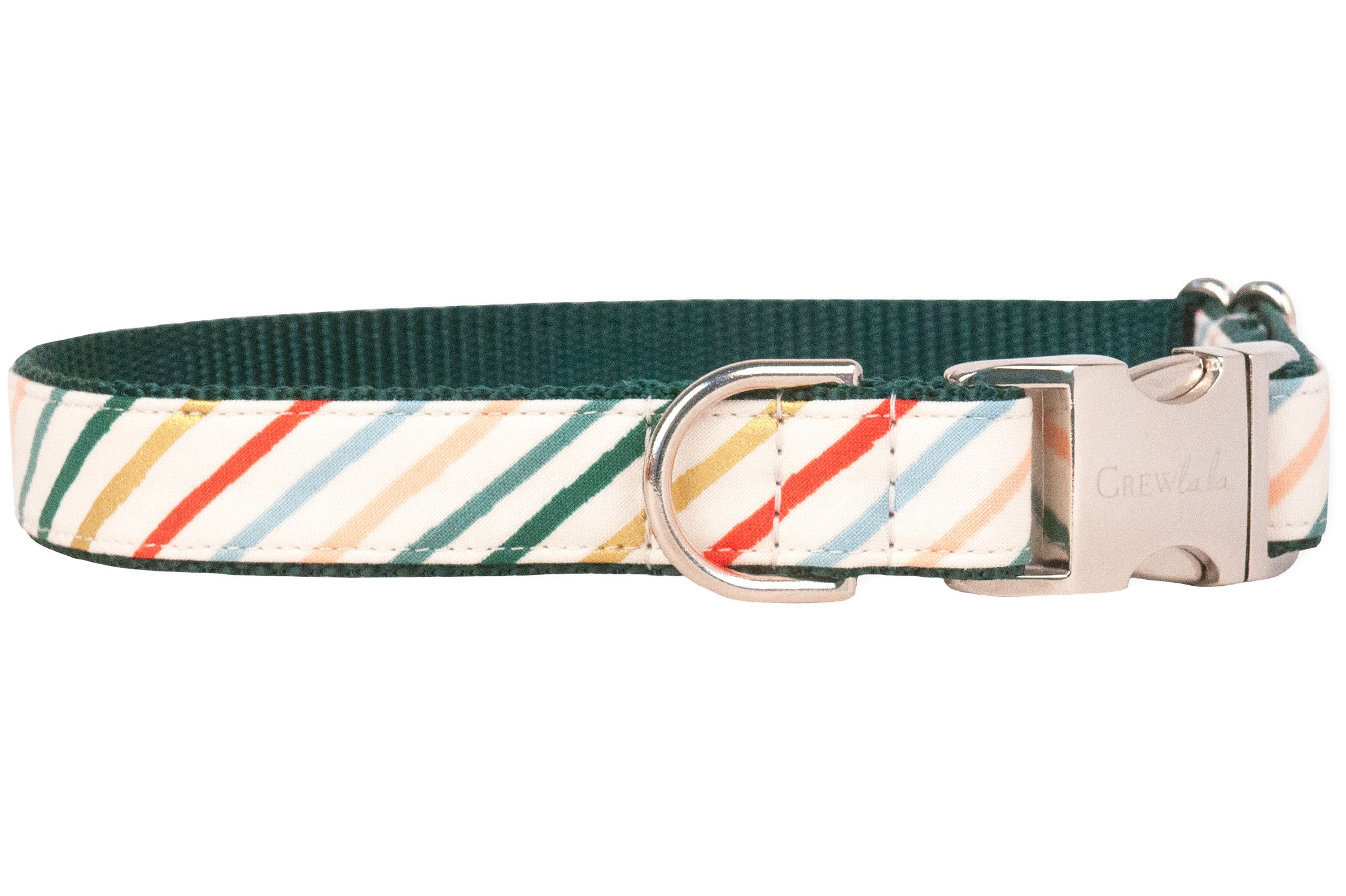 A festive dog collar with diagonal holiday stripes in red, green, gold, blush, and light blue on a cream background. The collar is finished with a dark green backing and shiny gold hardware.