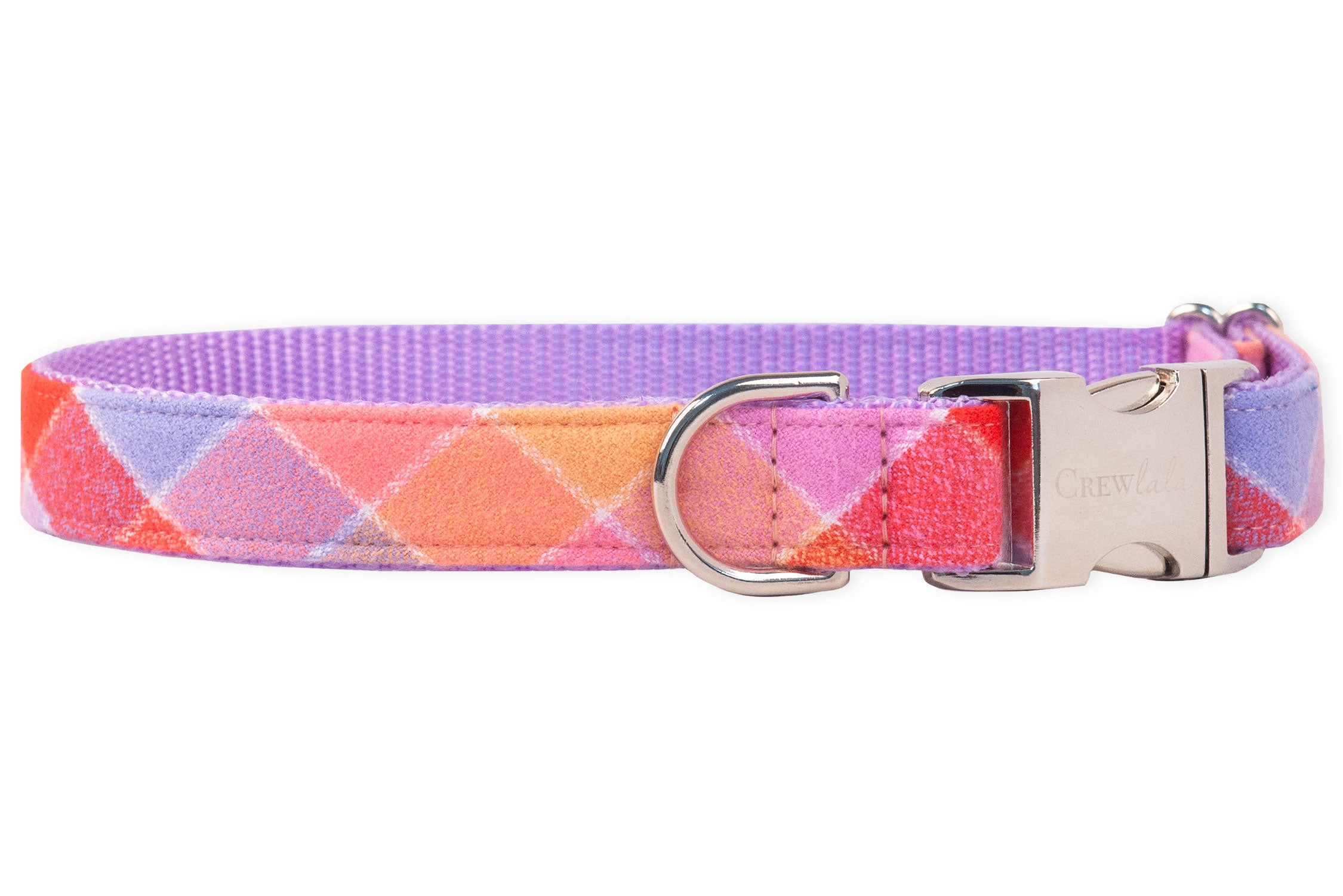 Flannel dog collar in a cheerful multicolor plaid pattern. The metal hardware includes a curved quick-release buckle engraved with “Crewlala” and a matching leash ring. Interior is lined with durable nylon woven webbing.