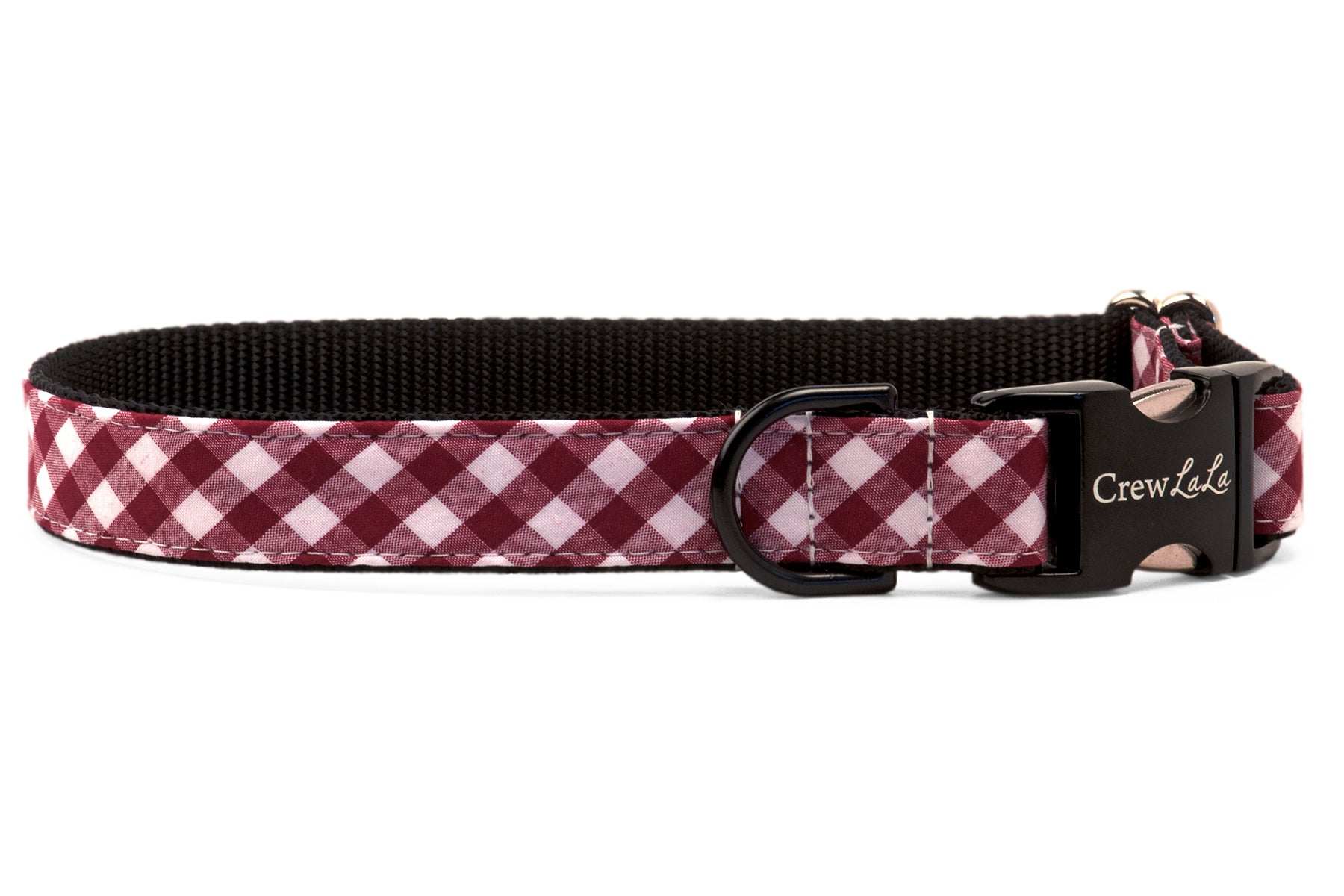 A classic dog collar in maroon with sleek black webbing and matte black hardware. A stylish, modern twist on a timeless plaid pattern.