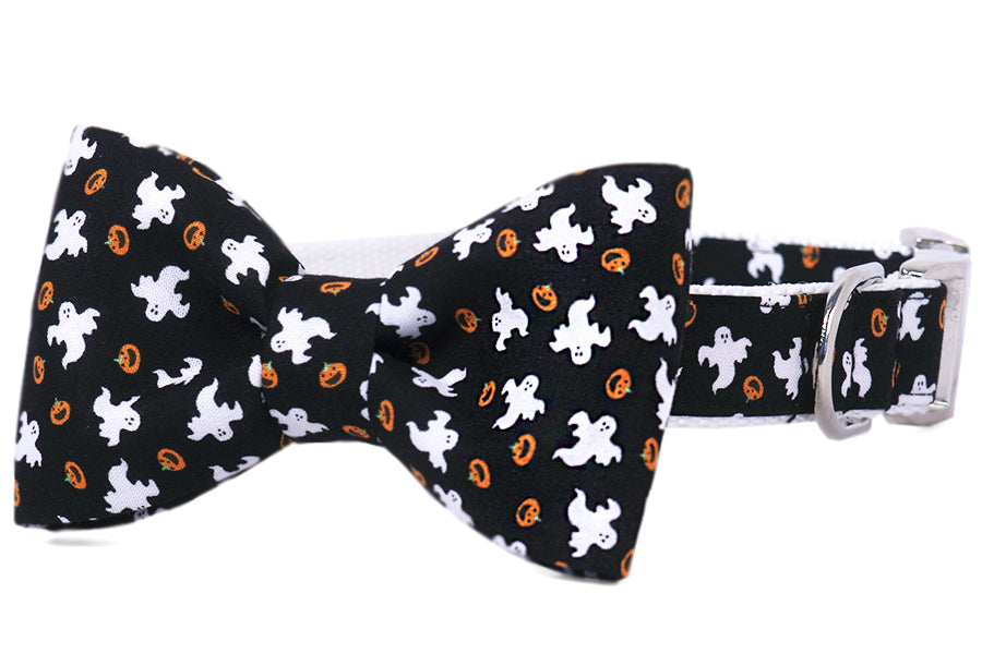 Halloween dog collar with an attached matching bow tie, featuring a festive black fabric patterned with ghosts and jack-o’-lanterns. Complete with sturdy hardware, making it both spooky and stylish for seasonal wear.