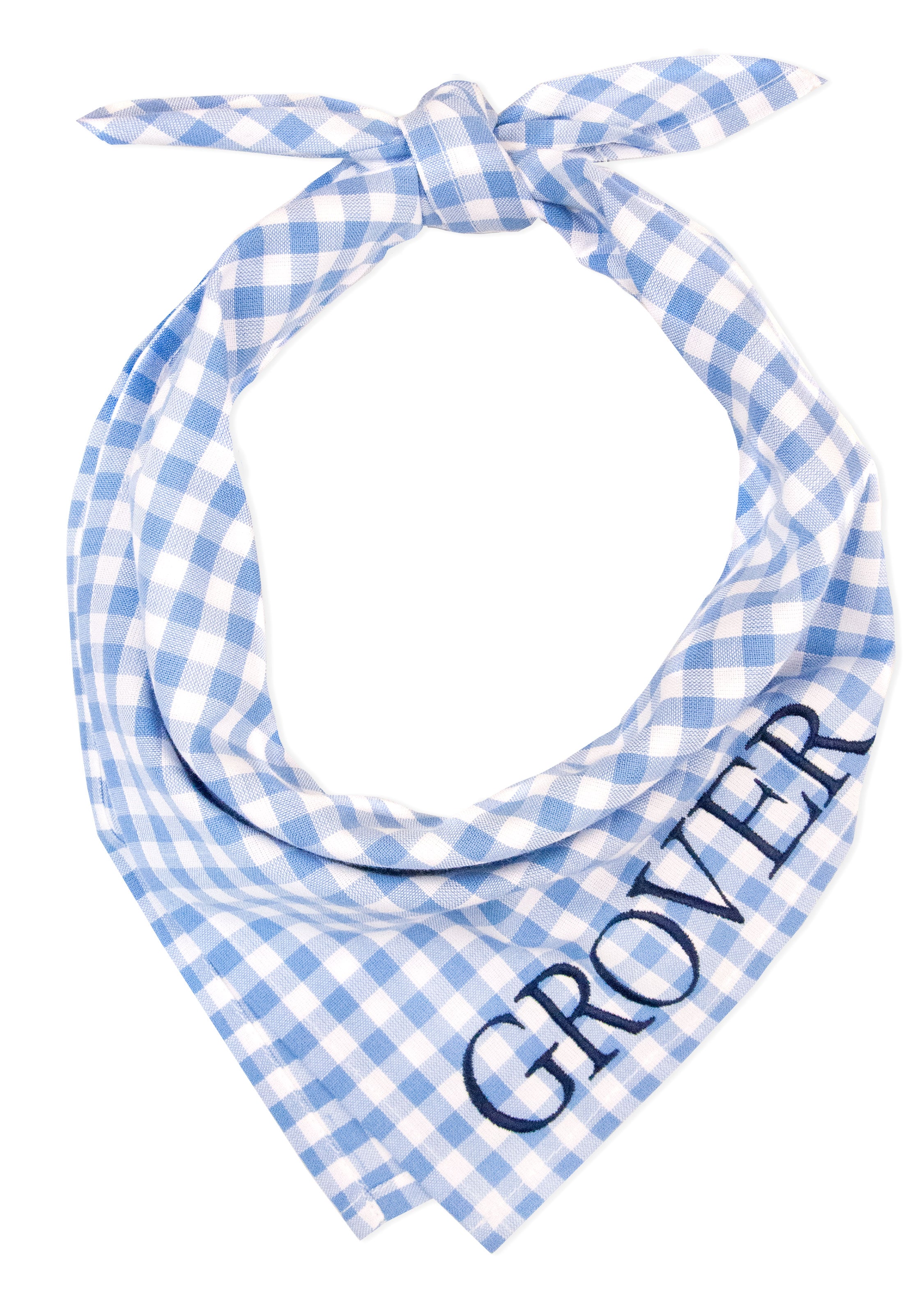 Personalized dog bandana made from soft cotton in a periwinkle plaid pattern, tied in a simple knot. The name “GROVER” is embroidered diagonally in bold navy thread near the bottom tip, standing out against the checkered background.
