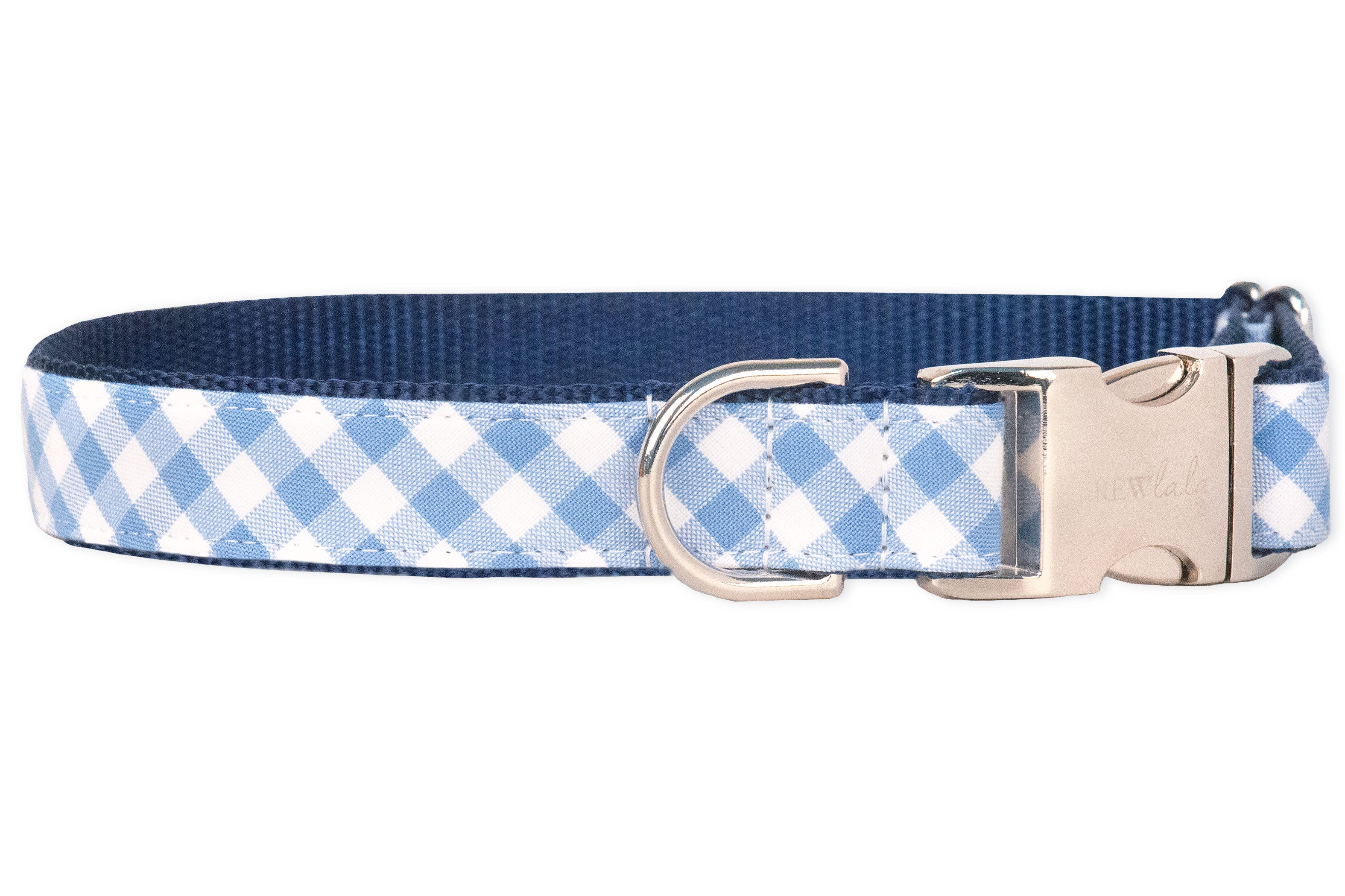 Dog collar with a classic periwinkle and white plaid pattern, layered over durable navy blue webbing. The design includes reinforced stitching, a polished silver clasp, and a metal D-ring for secure leash connection, blending charm with everyday functionality.