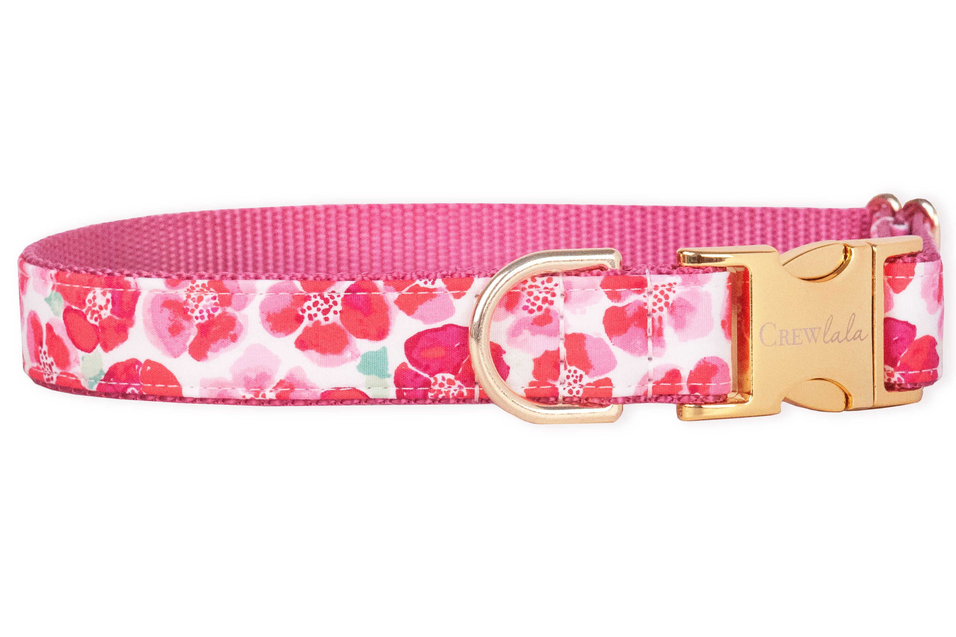 A bright and cheerful dog collar with a playful floral print featuring hand-painted style flowers in shades of fuchsia, red, and soft pink, accented by green leaves. The collar is backed with fuchsia webbing and finished with a shiny gold buckle and D-ring, adding a pop of garden-party charm.