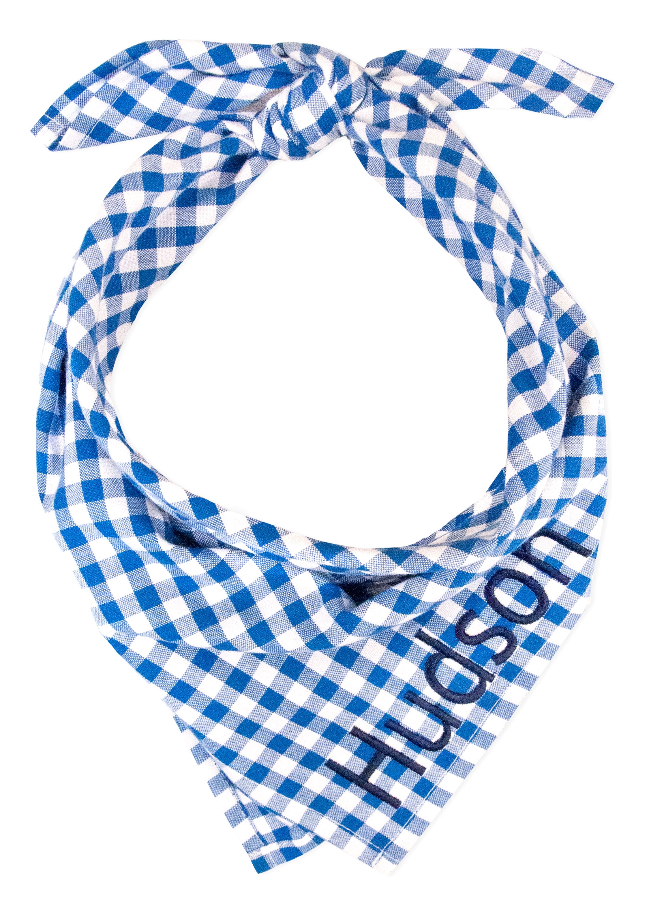 A blue and white plaid dog bandana with the name "Hudson" embroidered in dark blue thread on the bottom corner. The bandana is tied in a neat knot at the top, made of lightweight checkered fabric with a classic and playful look.