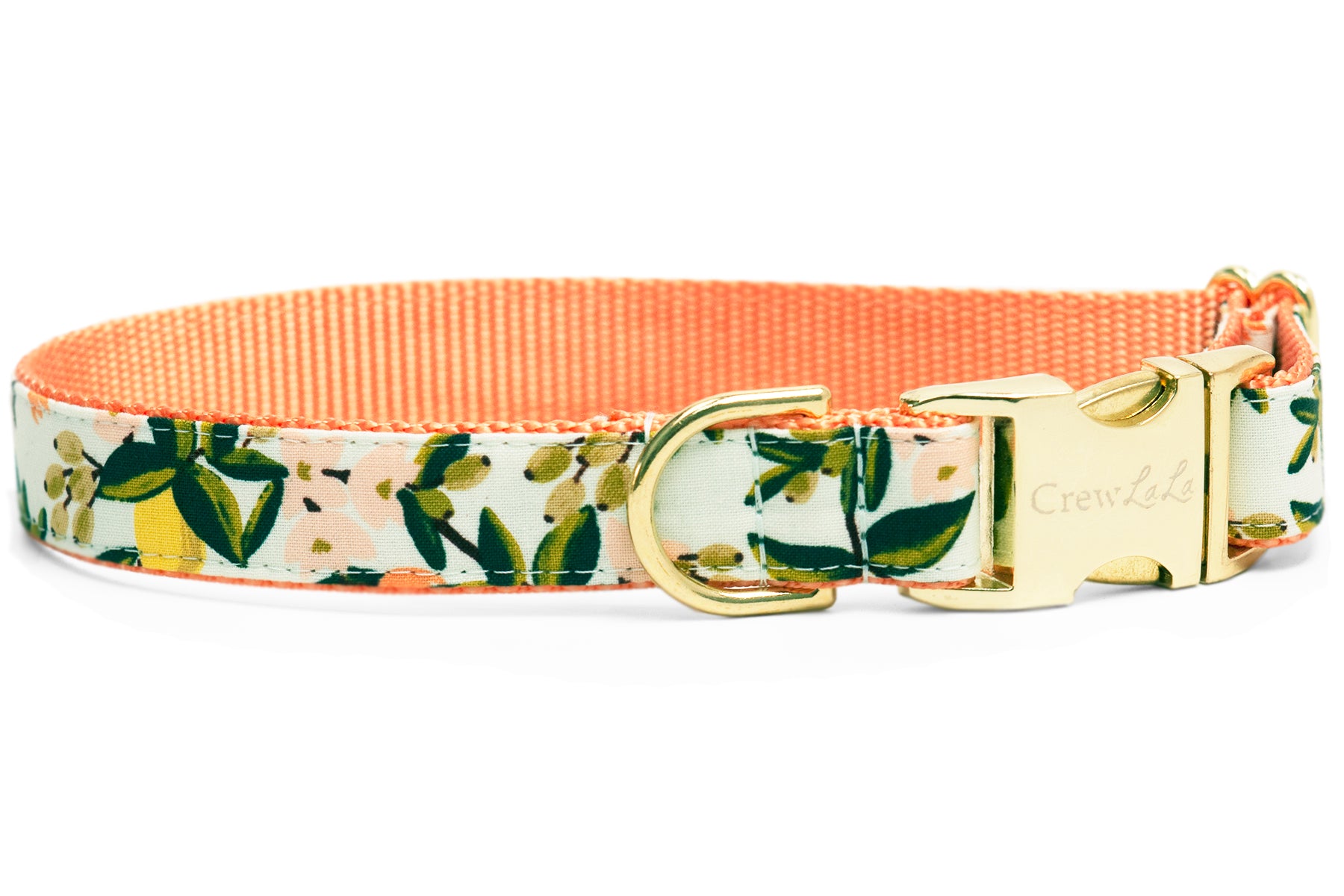 Citrus meets sophistication in this adjustable dog collar, featuring a lively fruit and floral pattern, bold nylon backing, and gleaming metal hardware with engraved branding.