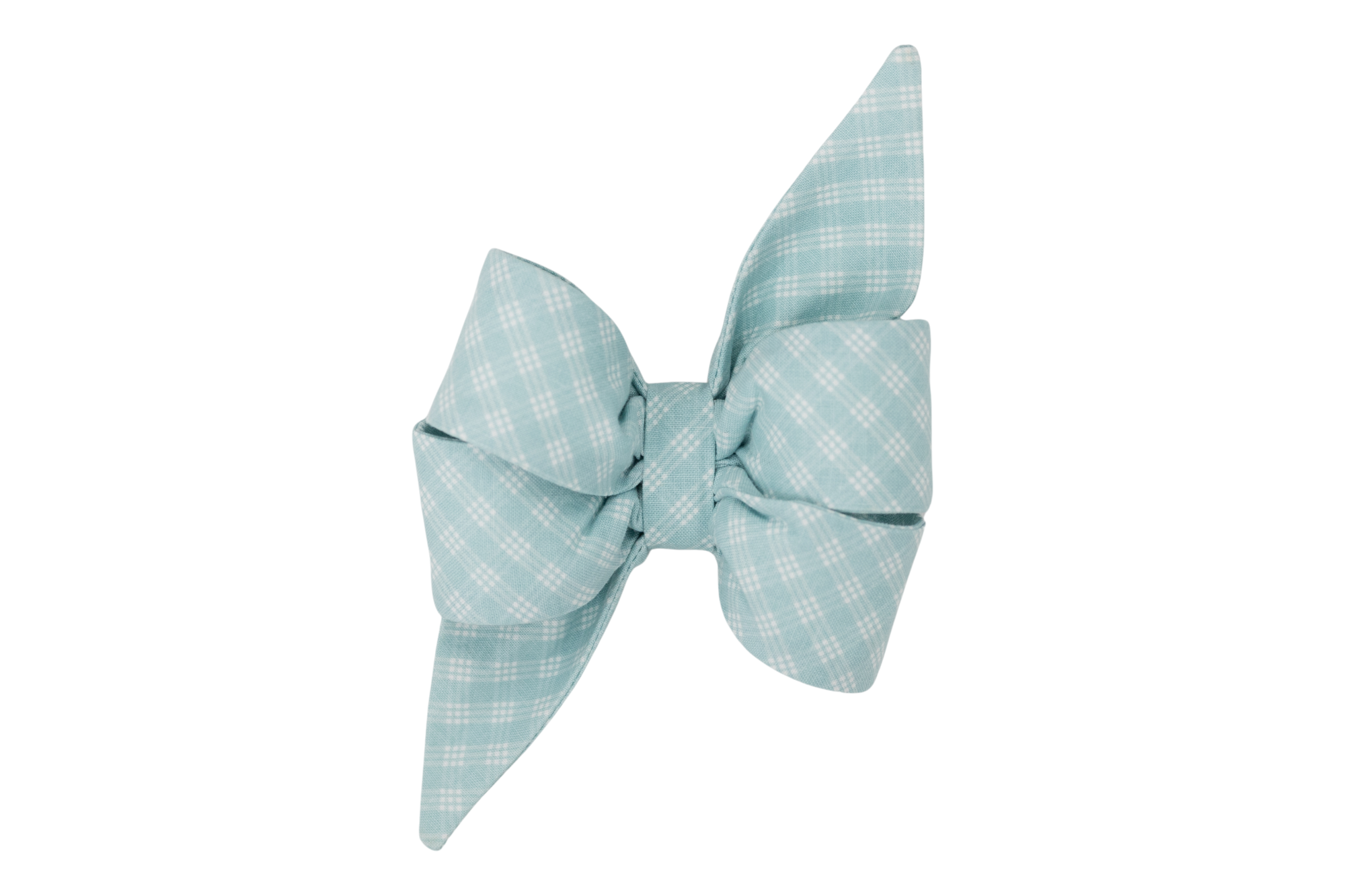 Handmade dog bow tie in a soft aqua blue color with a white plaid pattern, creating a clean and classic look. Perfect for Spring!