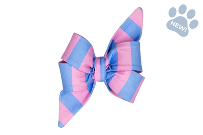 Oversized pet bow accessory with wide pink and blue stripes, crafted in a layered bow shape with pointed ends and a coordinated center band for a playful, colorful look.