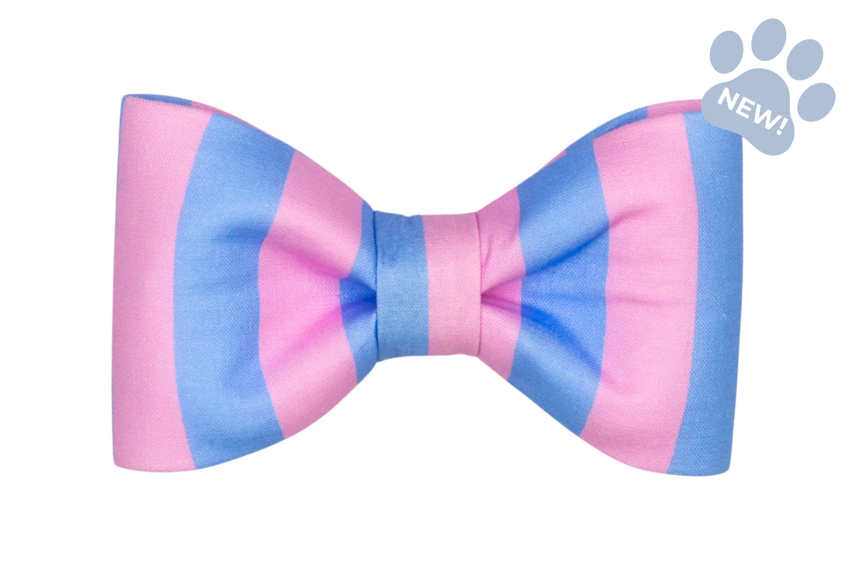 Decorative dog bow tie crafted from pastel pink and blue striped fabric, with crisp folds and a tailored silhouette for a polished, colorful look