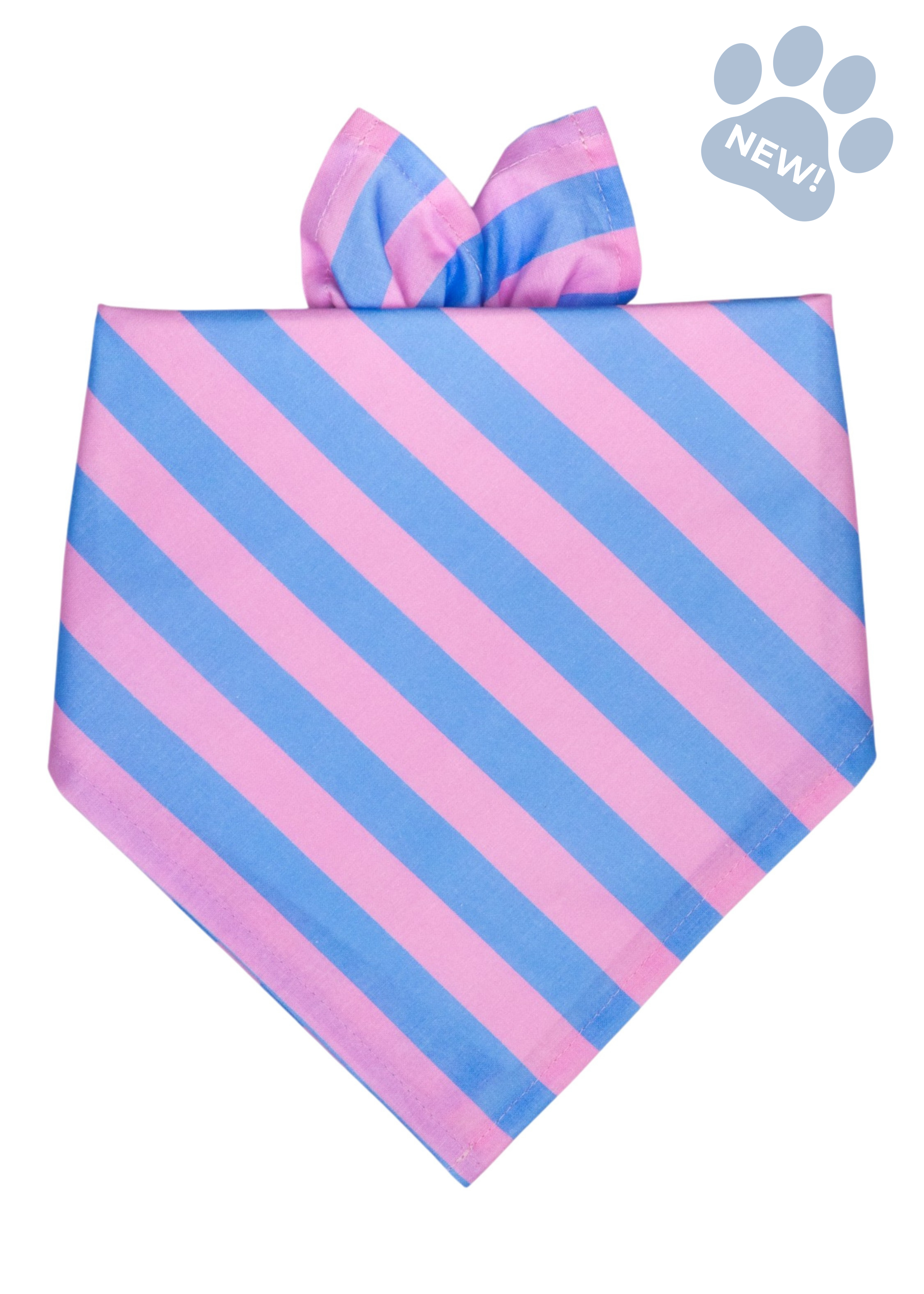 Decorative dog bandana with alternating pastel pink and blue diagonal stripes, accented by a coordinating bow detail above the bandana for a playful, polished look.