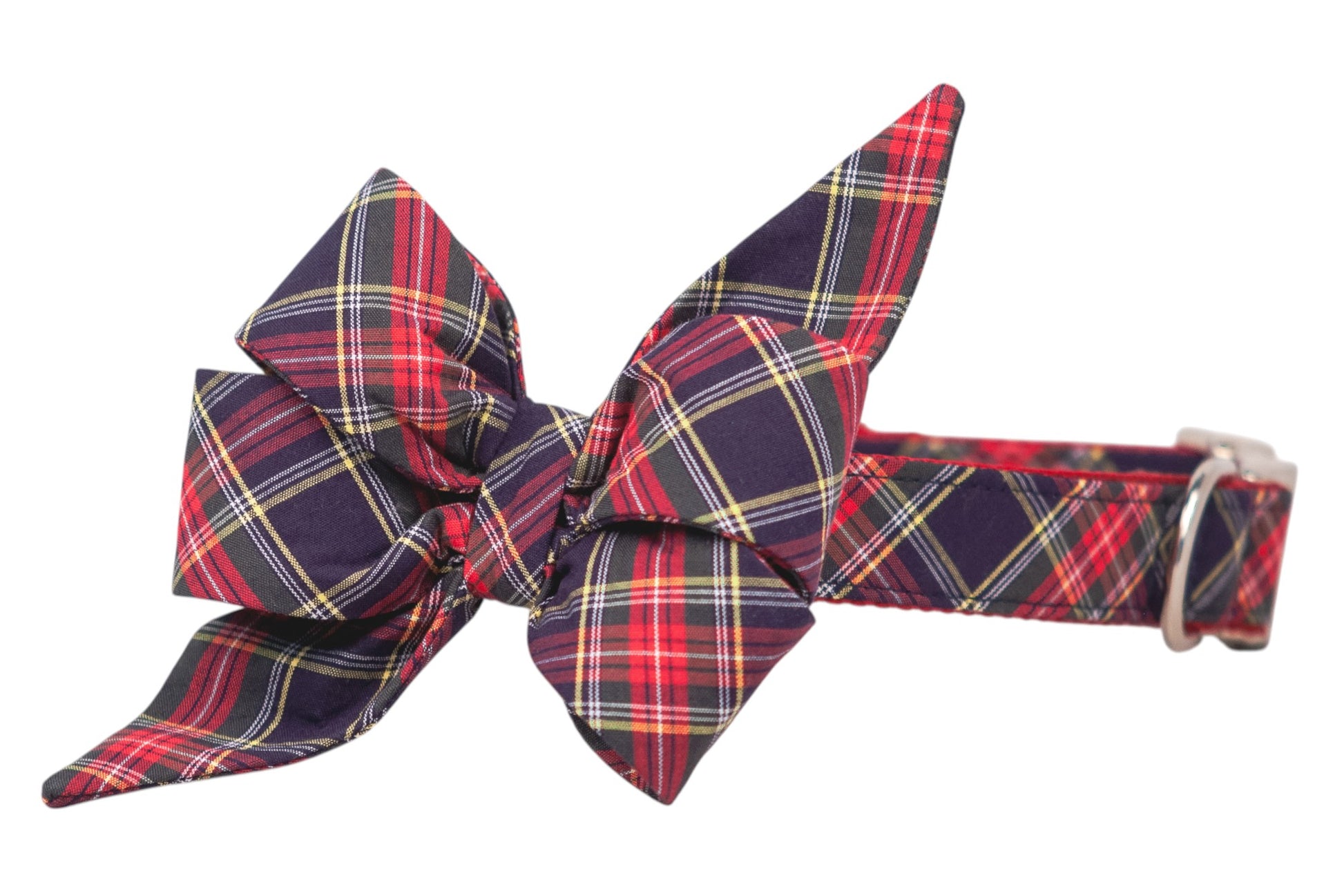 Festive red and navy tartan bow with long tapered ends, secured to a coordinating plaid dog collar fitted with a metal buckle.