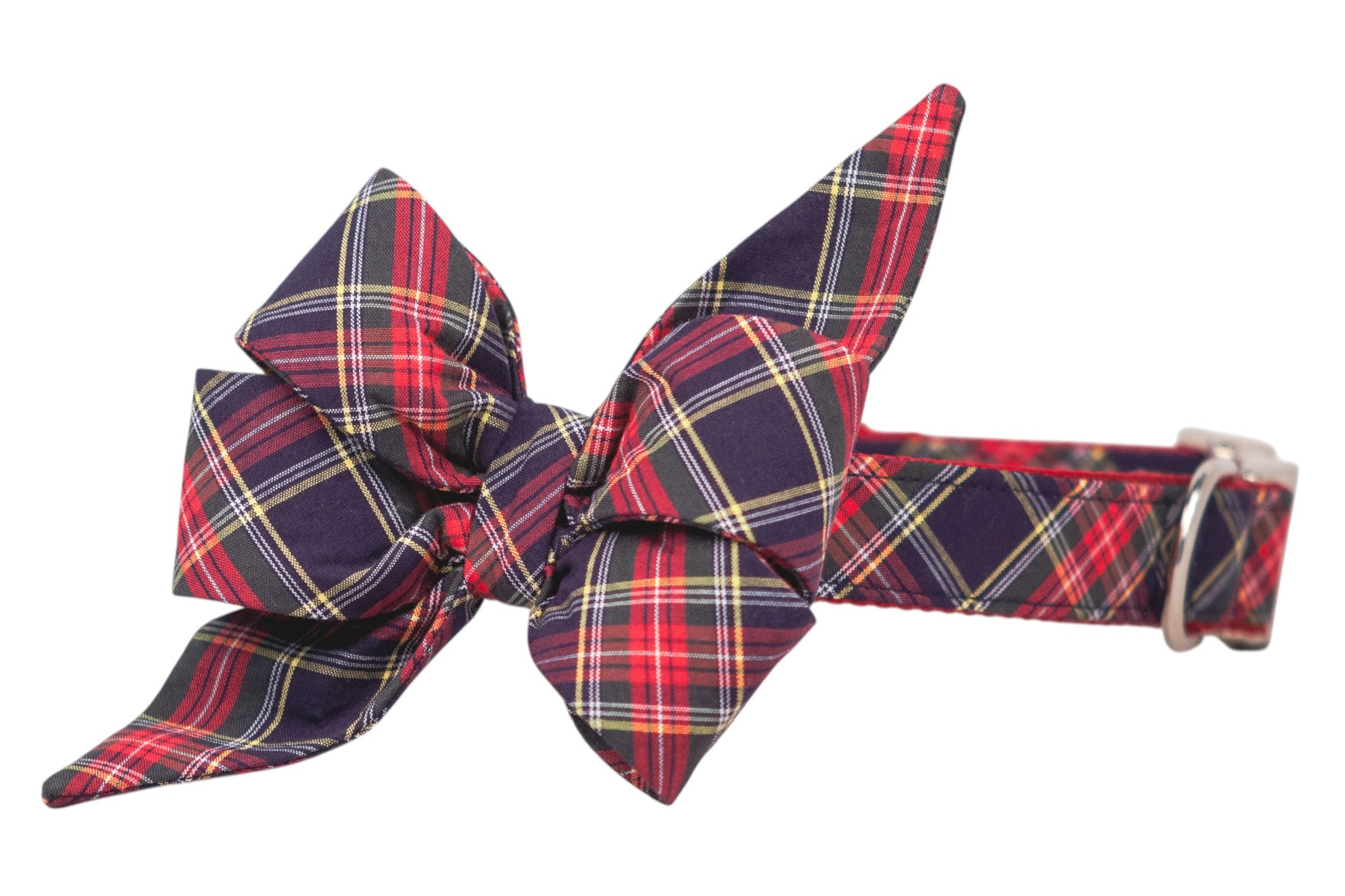 Festive red and navy tartan bow with long tapered ends, secured to a coordinating plaid dog collar fitted with a metal buckle.