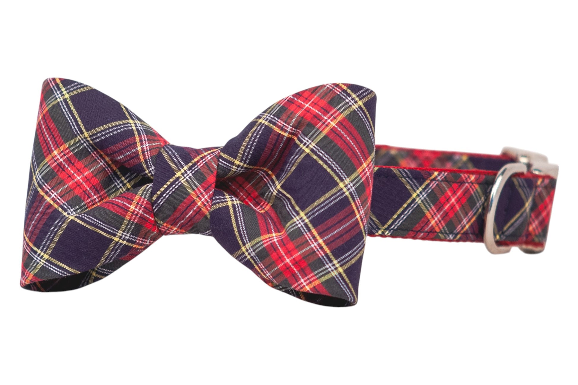Classic tartan bow tie in red and navy, crafted with smooth fabric and mounted on a coordinating plaid collar fitted with a metal buckle and D-ring.