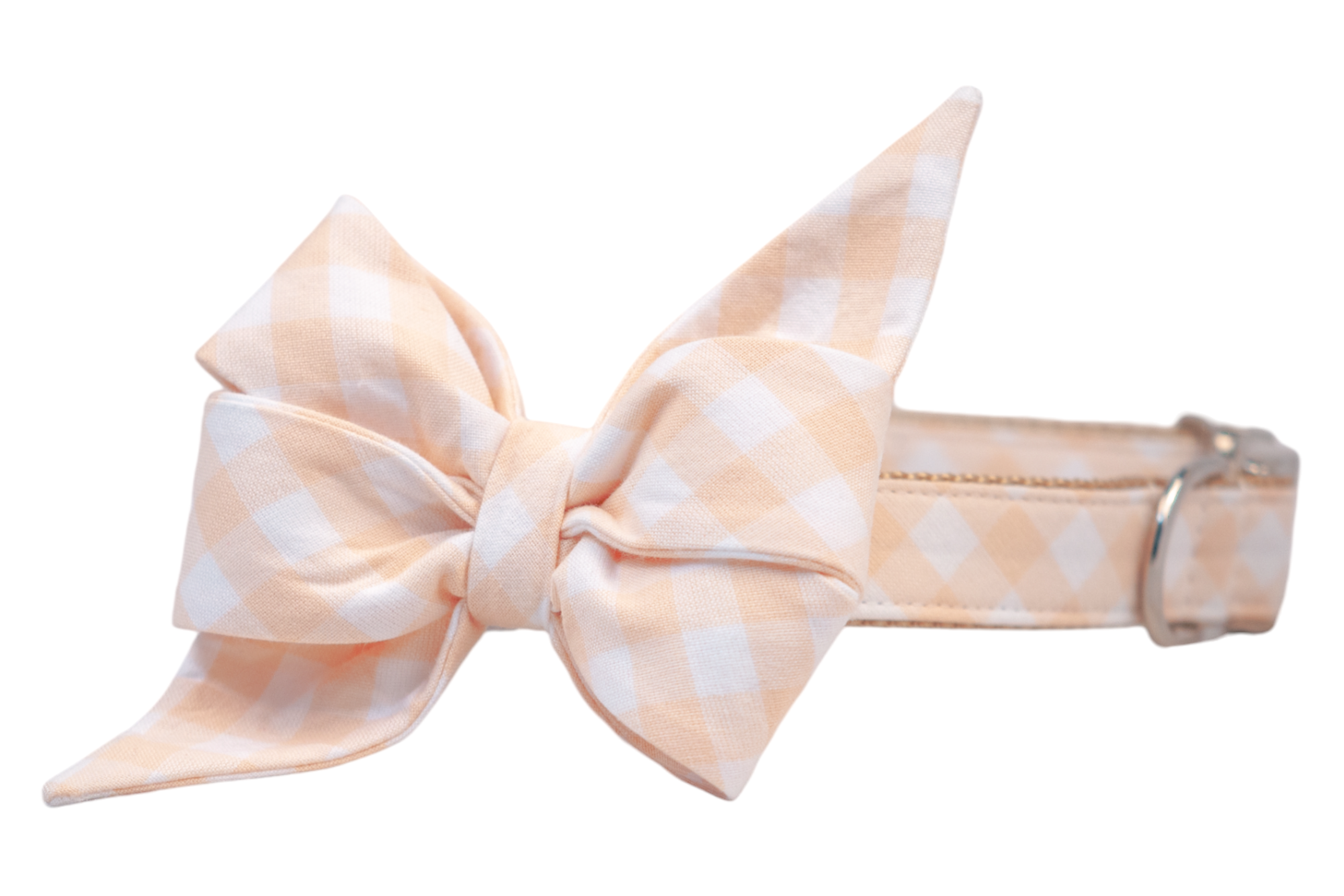 A dog collar in soft apricot and white checkered fabric, featuring a matching feminine  oversized belle bow with sculpted loops and long, pointed tails. The collar has tan interior webbing and shiny silver hardware, combining elegance and charm for a standout pet accessory.