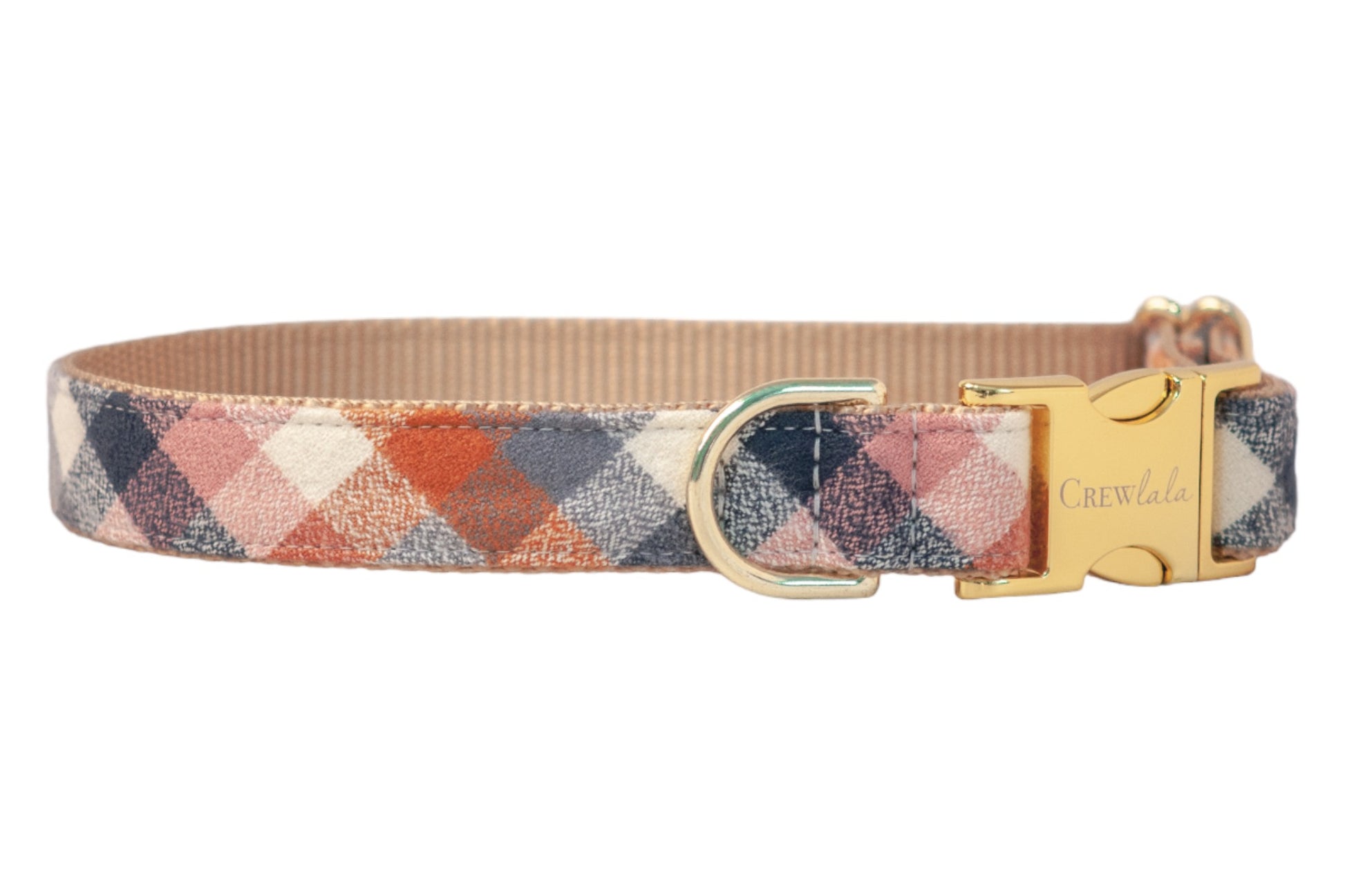 A stylish flannel dog collar in a rich autumn plaid pattern, featuring intersecting diamond shapes. The collar is reinforced with beige nylon webbing and fitted with metal hardware, including a D-ring and branded buckle.