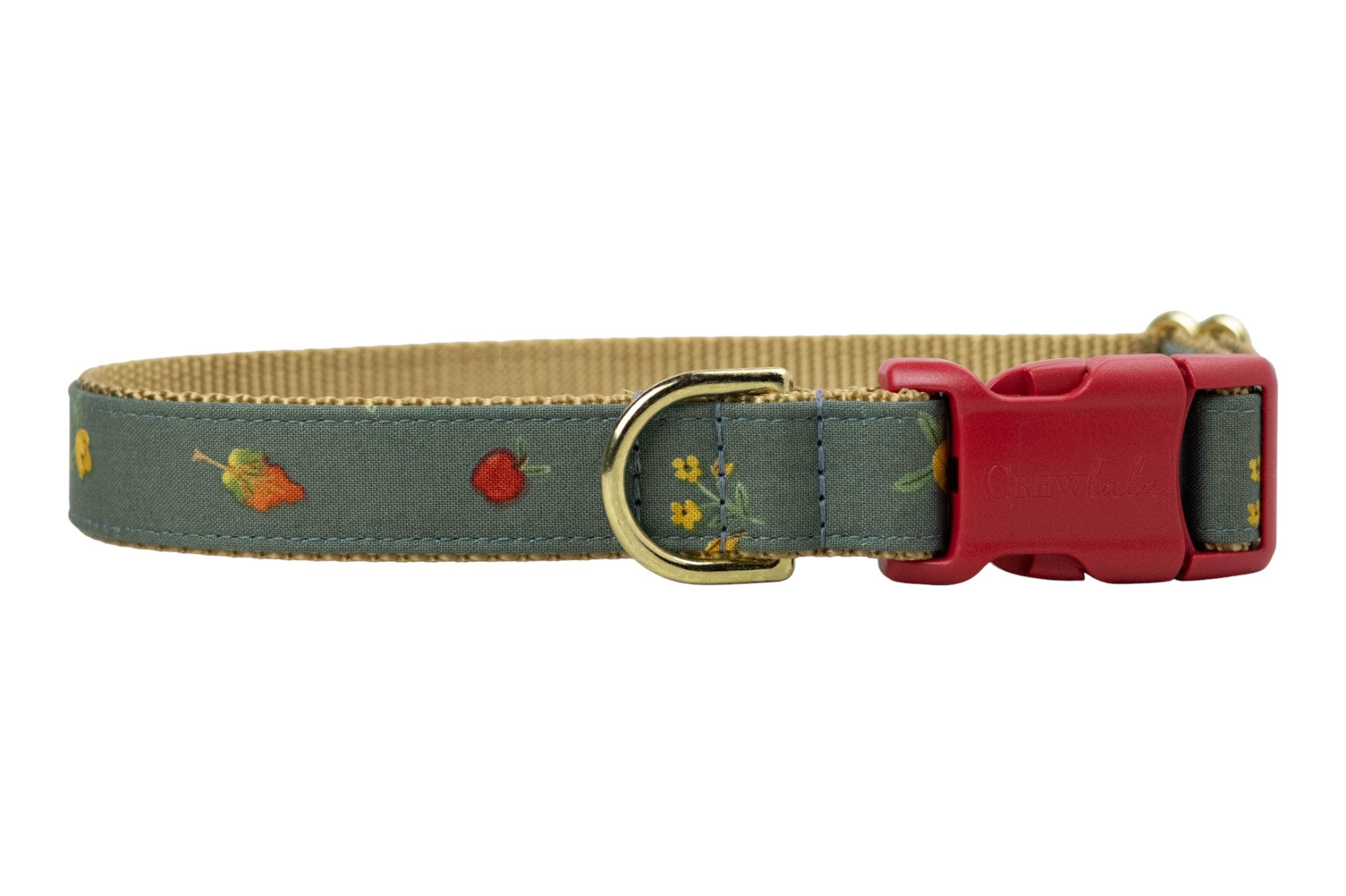Elegant fall-inspired dog collar showcasing a soft sage green fabric adorned with tiny seasonal motifs like berries and autumn leaves, complete with sturdy nylon backing, a shiny D-ring, and a sturdy buckle engraved with the CrewLala logo.