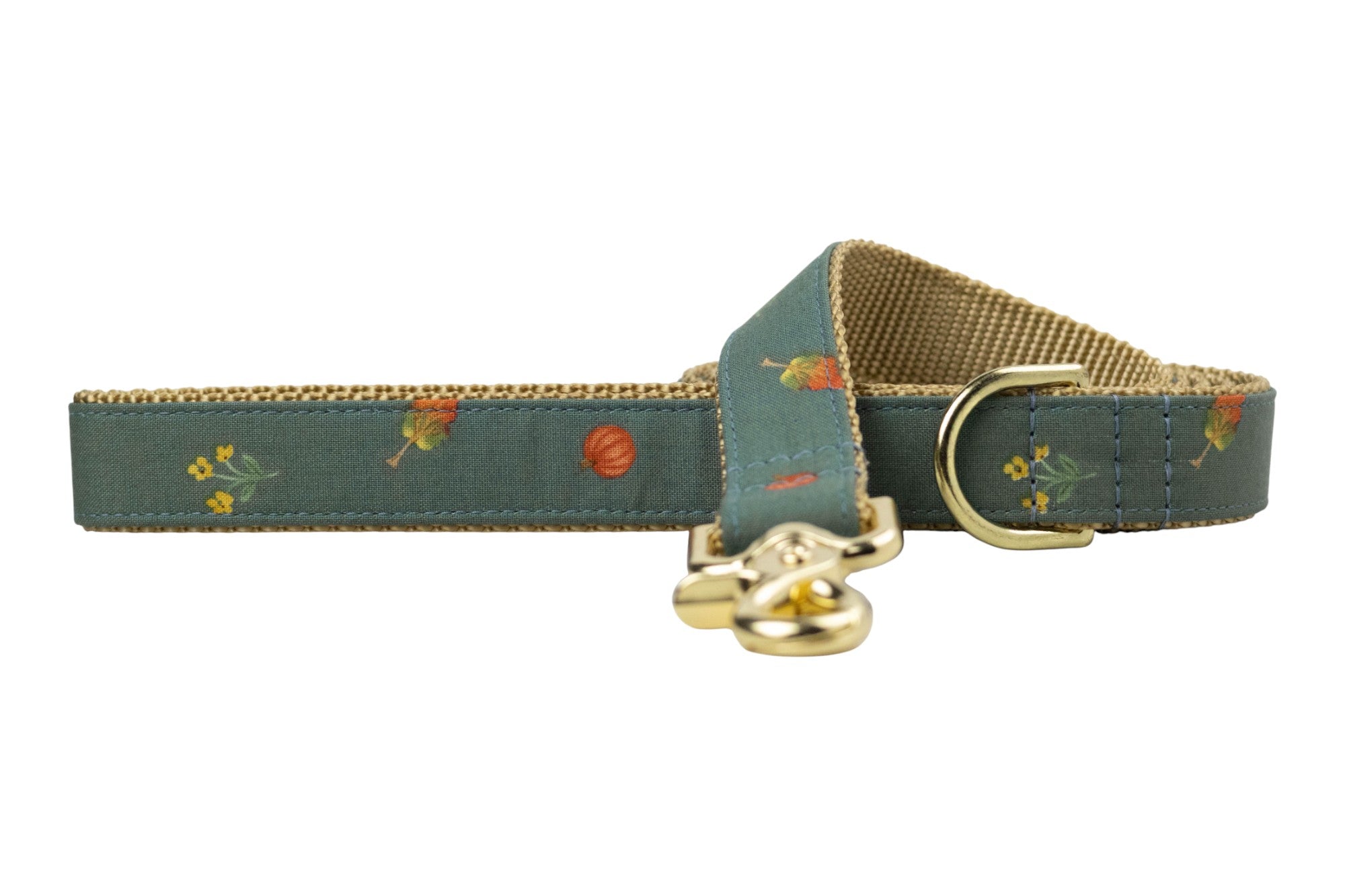 Stylish fall-themed dog leash crafted with soft yet durable fabric printed in a charming seasonal pattern of leaves, gourds, and florals on a muted green background, reinforced with nylon and sleek hardware for a secure and fashionable walk.