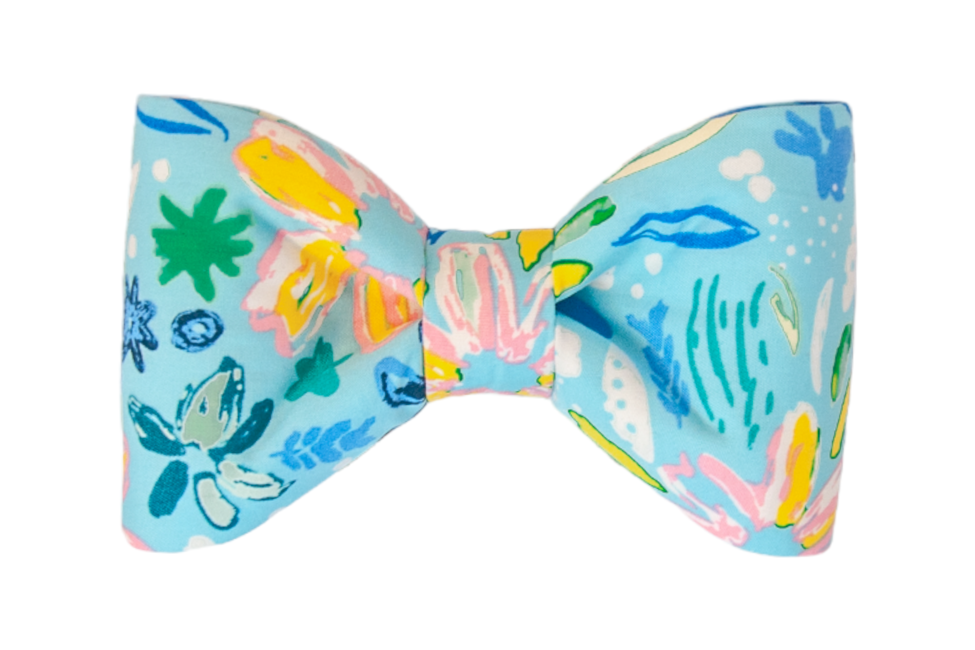Bring a touch of coastal flair to your pet's Spring and Summer wardrobe with our Bayside Floral Dog Bow Tie. This beautifully crafted accessory features a vibrant palette of pastel blues, yellows, greens, and pinks, arranged on a light blue base.