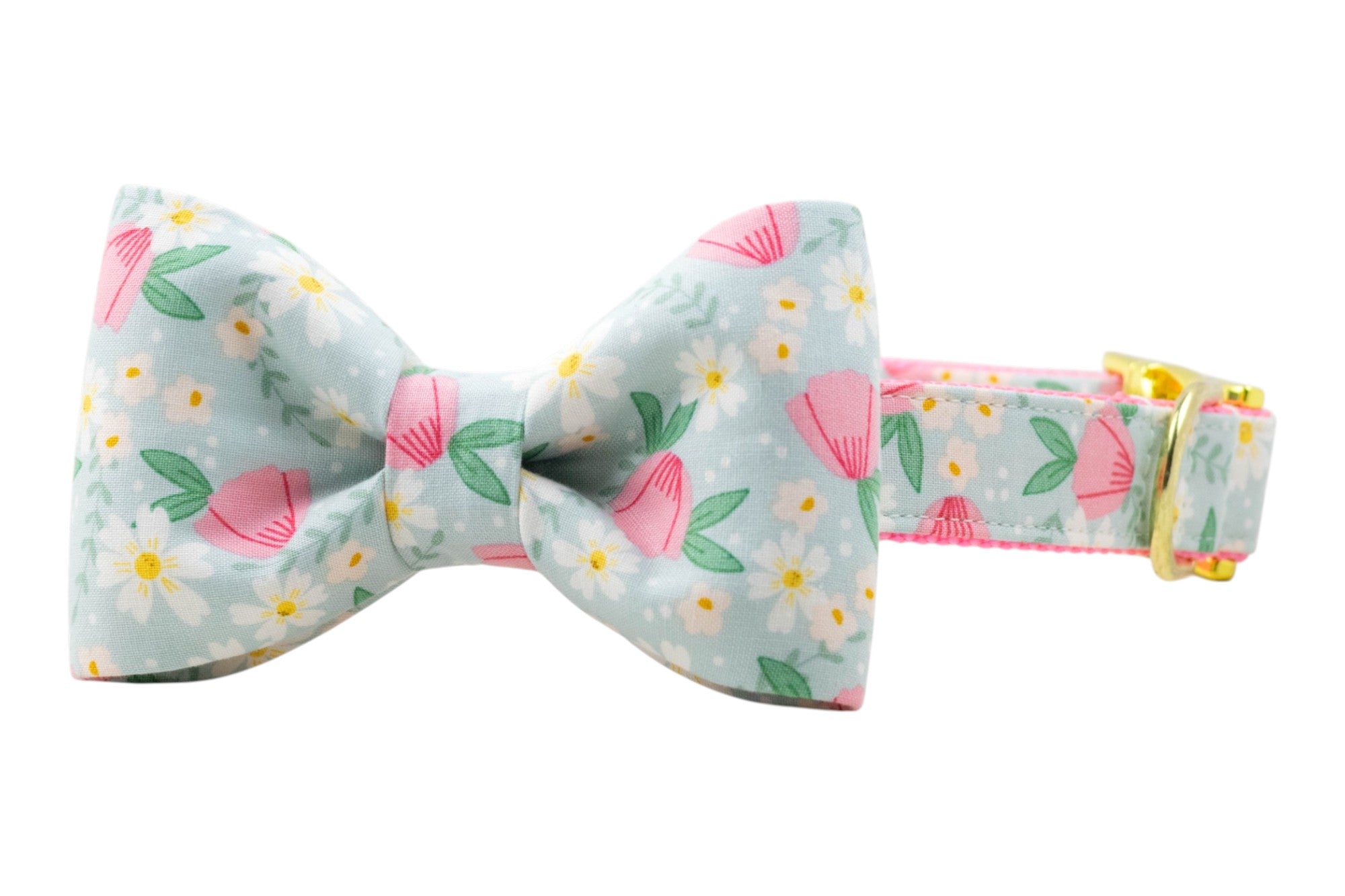 Wildflower dog collar with pink blossoms, white daisies, and a matching bow tie for a sweet spring look.