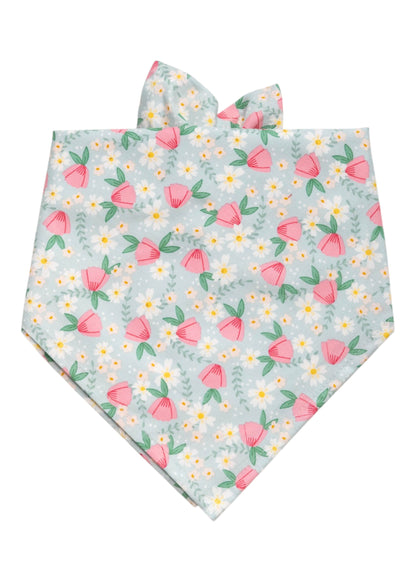 Pastel wildflower dog bandana with pink flowers, white daisies, and green leaves on a soft blue background.