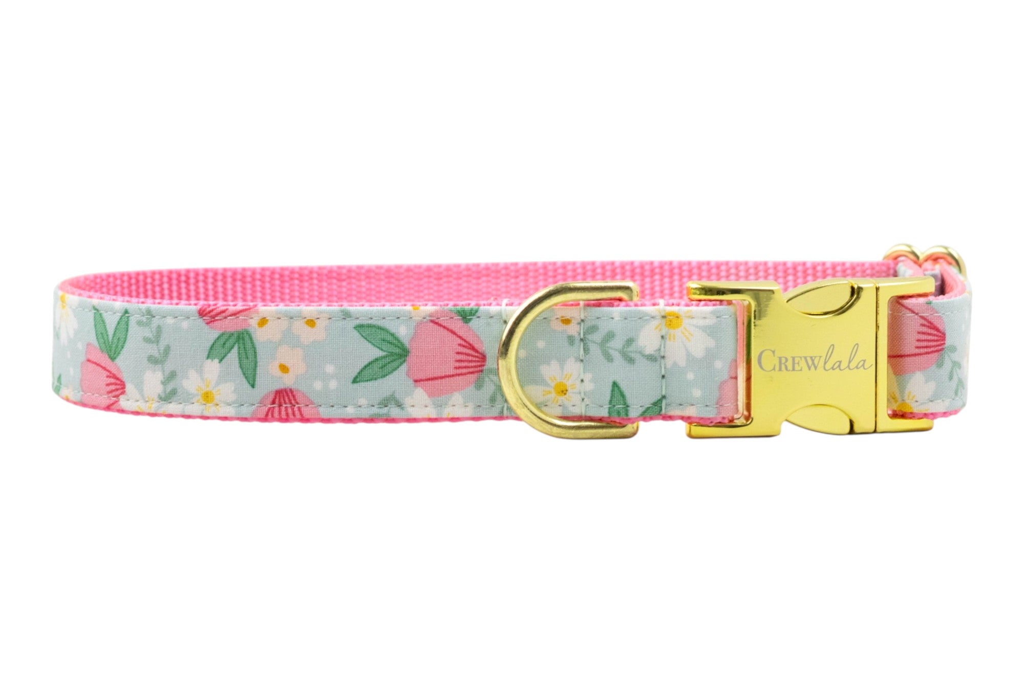 Pink floral dog collar with a delicate wildflower print and gold buckle, a bright and cheerful accessory for stylish pups.