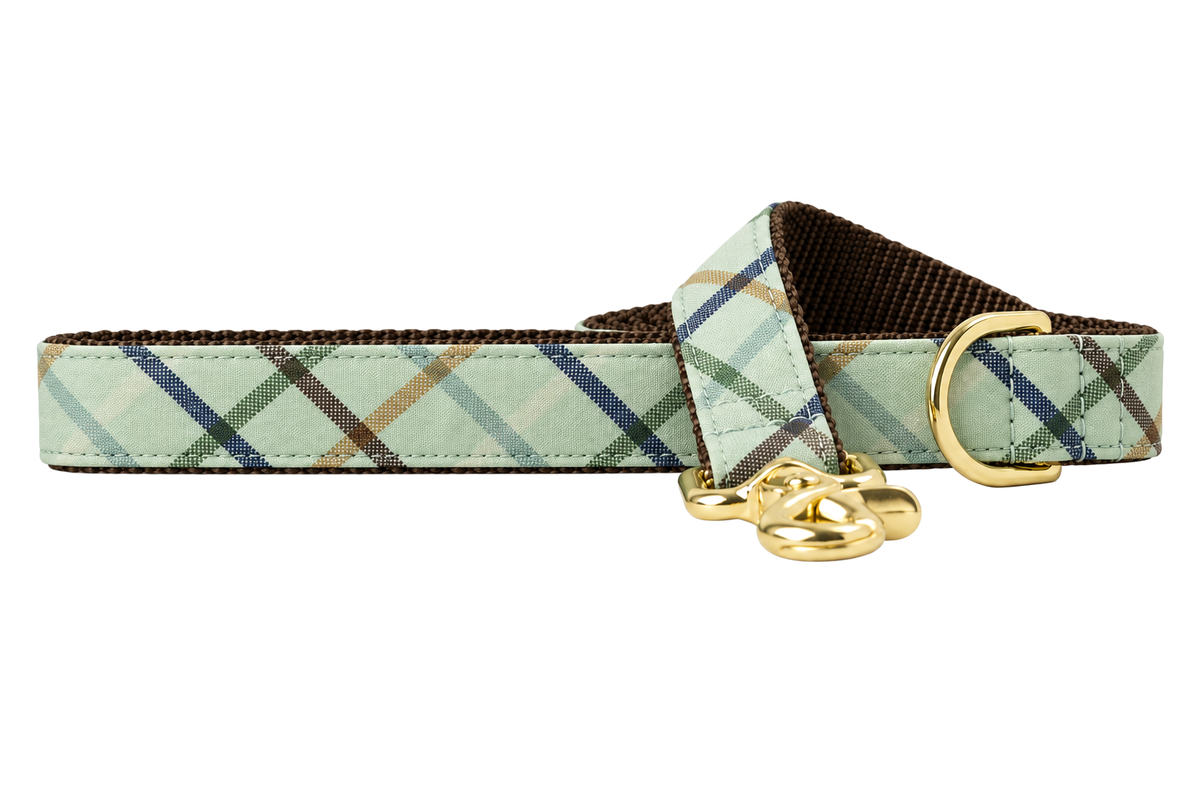Big Bear Plaid dog leash made with a pale sage green fabric with a windowpane plaid of navy, dark green and tan lines, lined with dark brown nylon webbing, with a handle loop and a gold trigger clip.