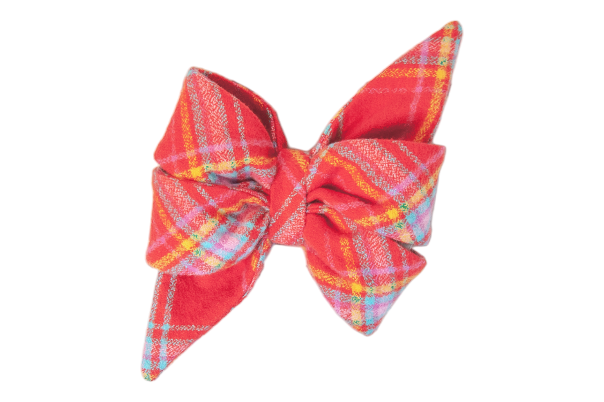 Colorful flannel dog belle bow in a bright red plaid with colorful accents. Features a layered, feminine, and pointed design, offering a dramatic flair.