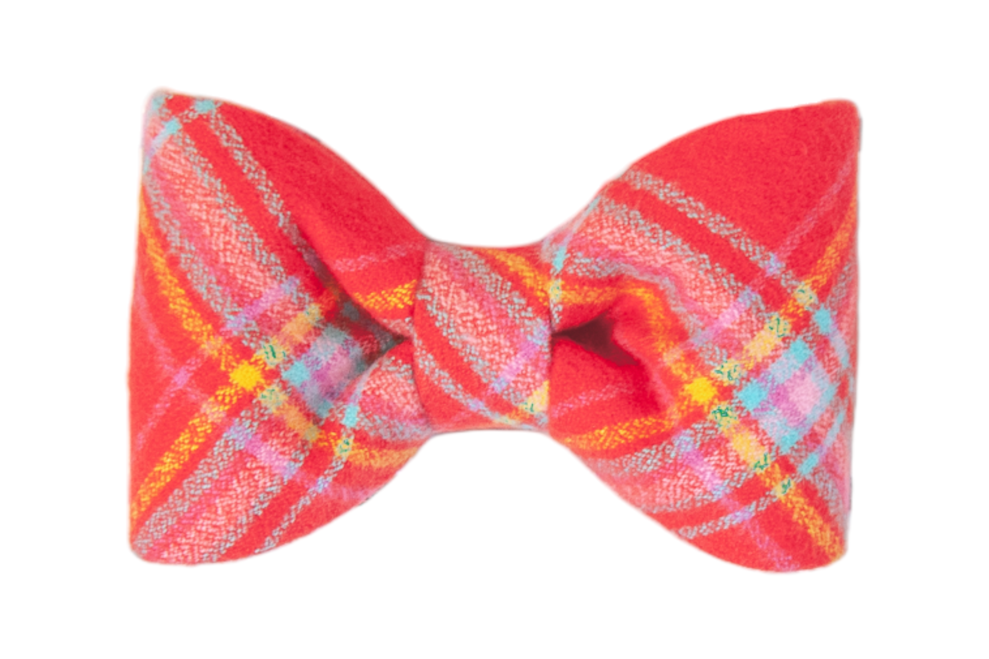 Classic dog bow tie in soft red flannel with a bright multicolor plaid pattern in pastel colors. The symmetrical bow tie has a simple, rounded shape and a smooth cinched center.
