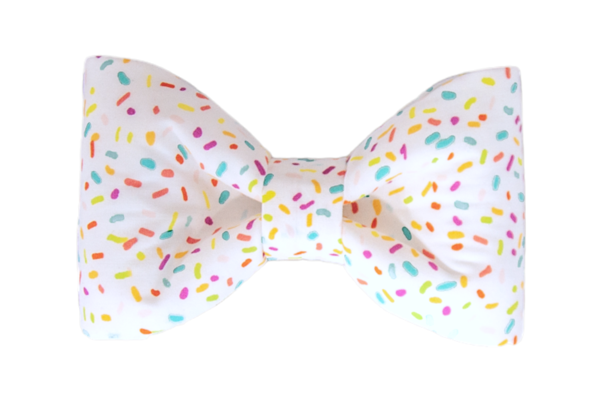 A playful design with a bright white backdrop adorned with rainbow sprinkles in shades of pink, yellow, teal, orange, and purple—just like your favorite party treat. Perfect for birthdays, celebrations, or any time your pup wants to stand out with a bit of flair, this dog bow tie is the ideal accessory for spreading cheer.