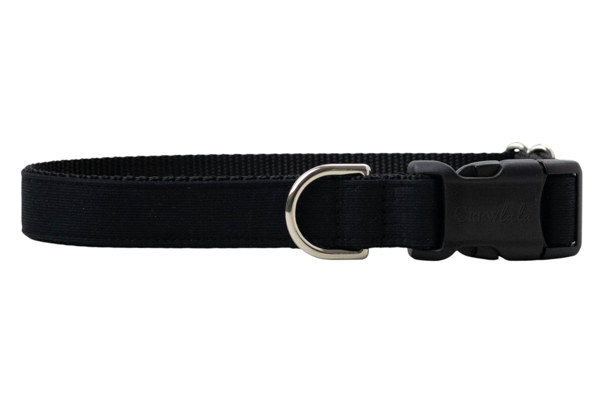A solid black adjustable dog collar made of durable nylon webbing with reinforced stitching. The collar features a matte black plastic side-release buckle, a metal D-ring and a subtle, sleek design.