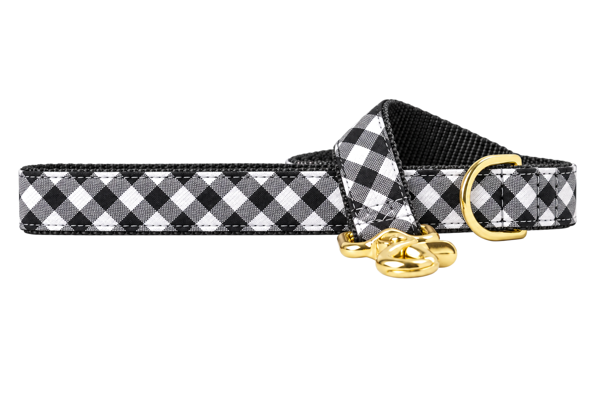 Black Picnic Plaid dog leash made with a crisp black and white gingham check, lined with black nylon webbing, with a handle loop and a gold trigger clip.
